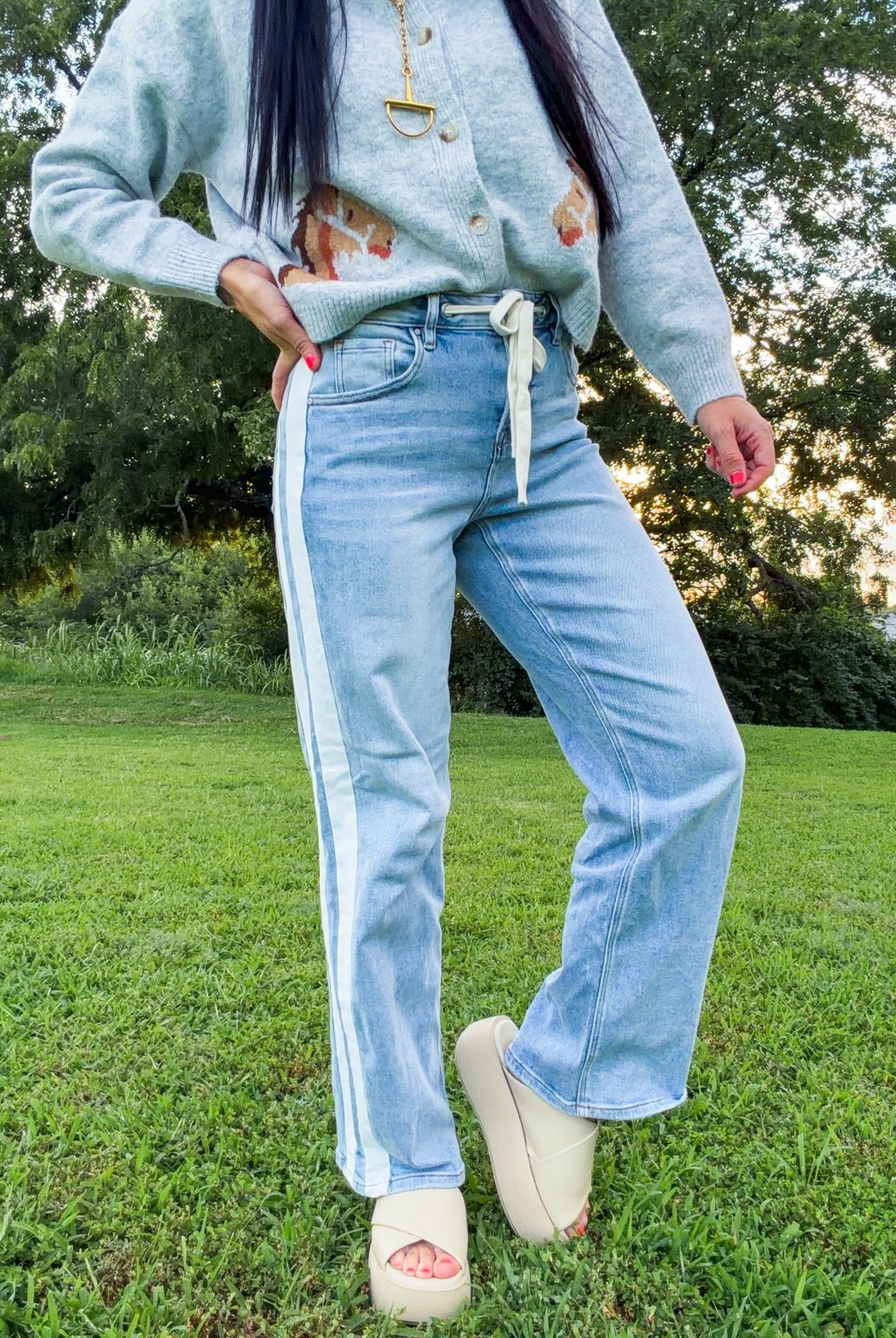 Risen Velocity Slouchy Baggy Jeans: Drawstring & Side Stripe Denim - Southern Chic Tees & Boutique