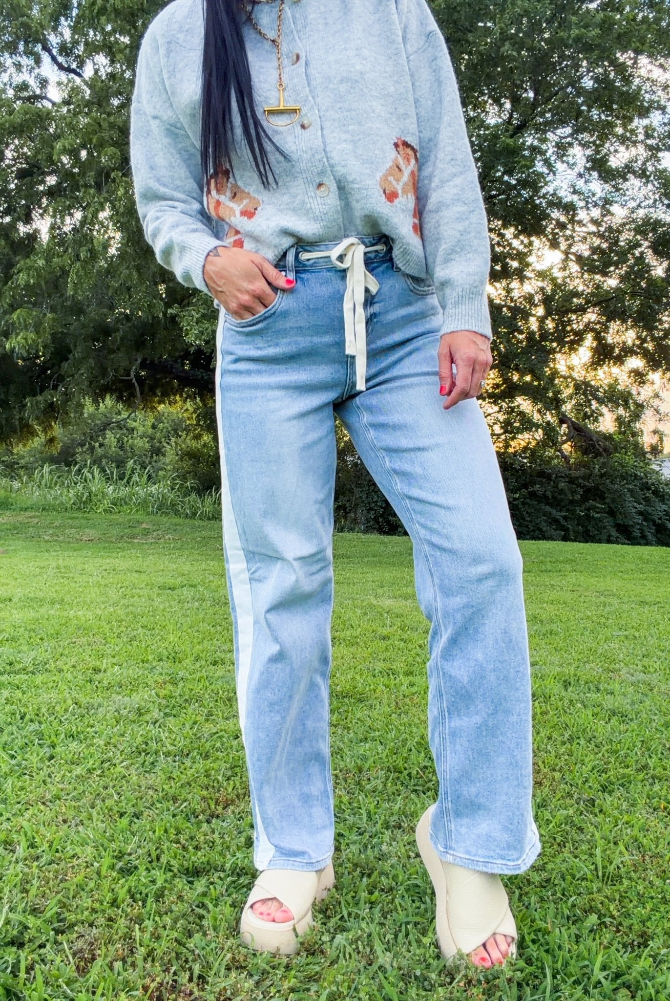 Risen Velocity Slouchy Baggy Jeans: Drawstring & Side Stripe Denim - Southern Chic Tees & Boutique