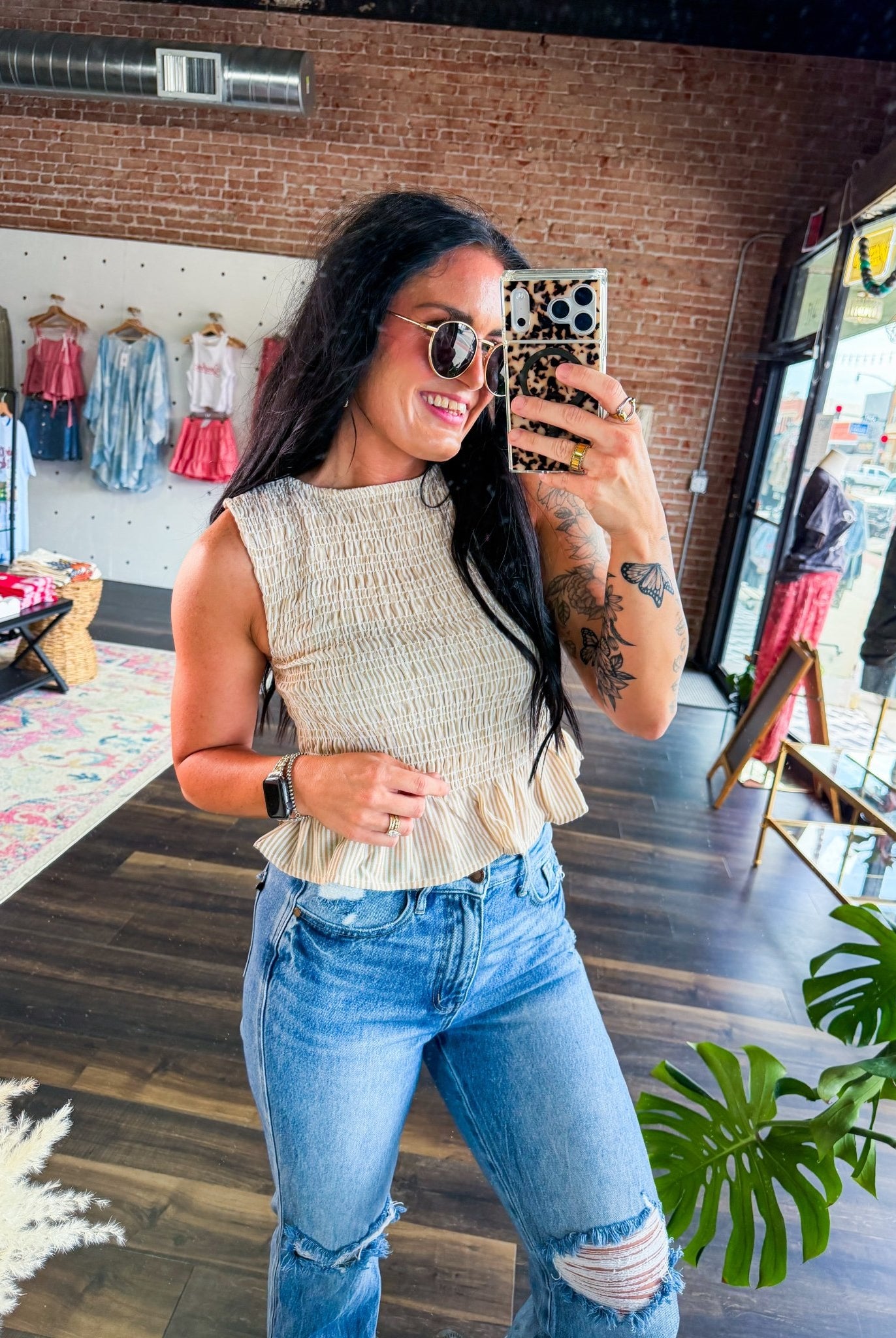 Sahara Tan Stripe Smocked Peplum Blouse - Southern Chic Tees & Boutique