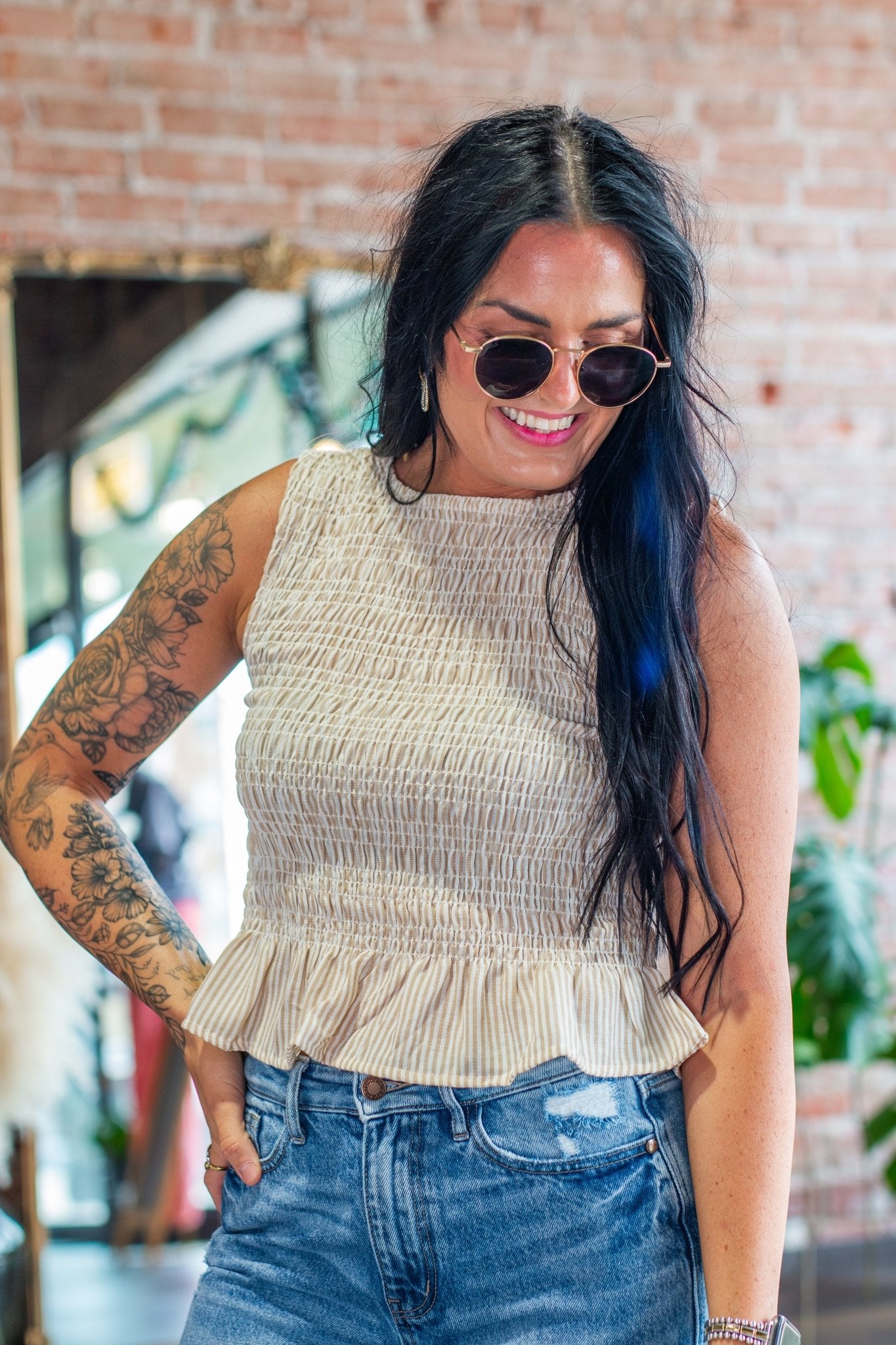 Sahara Tan Stripe Smocked Peplum Blouse - Southern Chic Tees & Boutique