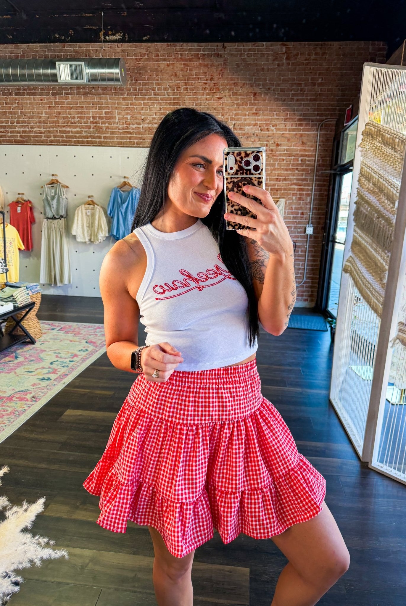 Scarlett Red Gingham Tiered Mini Skirt | Lined High - Waist Summer Skirt - Southern Chic Tees & Boutique