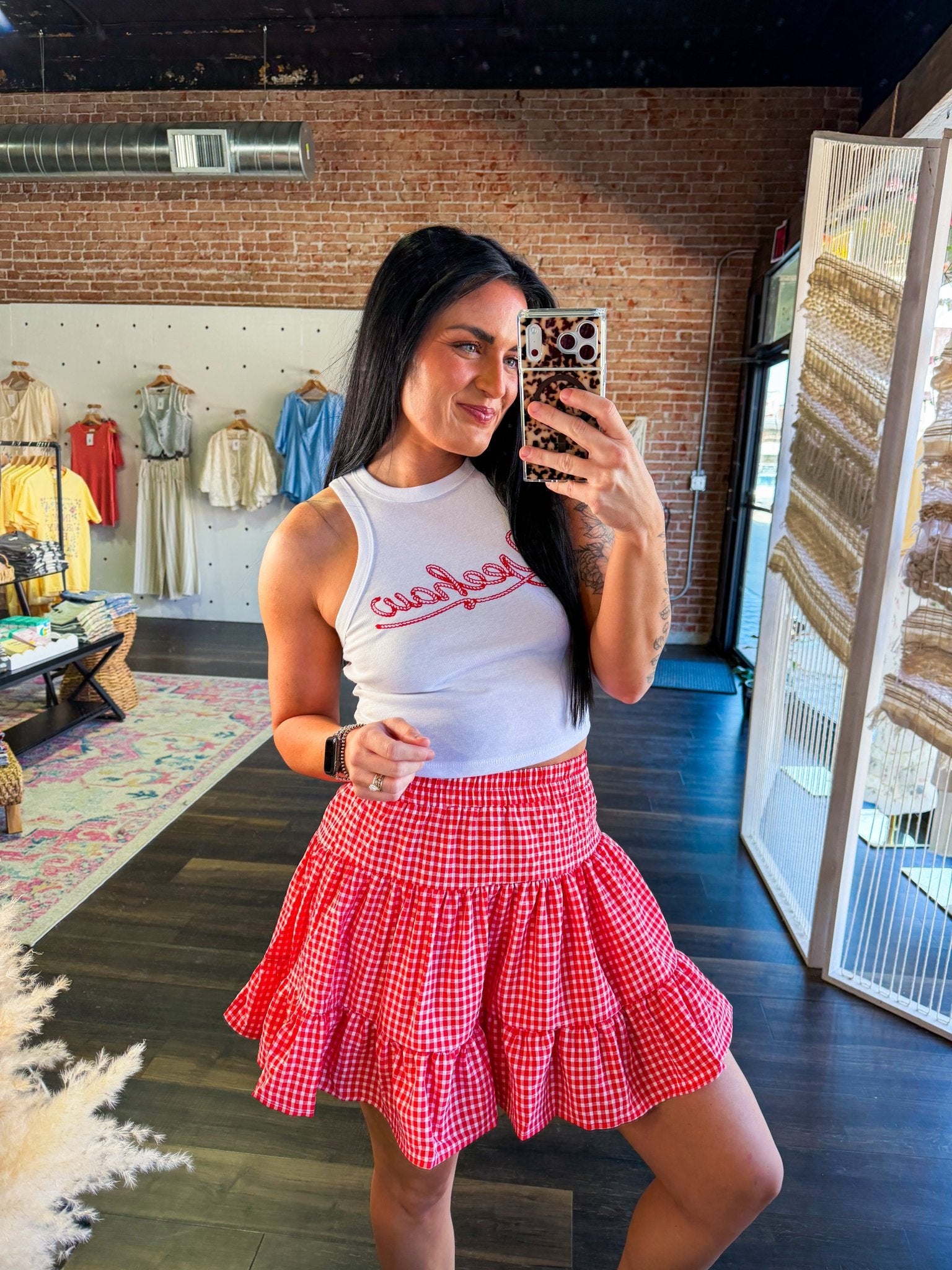 Scarlett Red Gingham Tiered Mini Skirt | Lined High - Waist Summer Skirt - Southern Chic Tees & Boutique