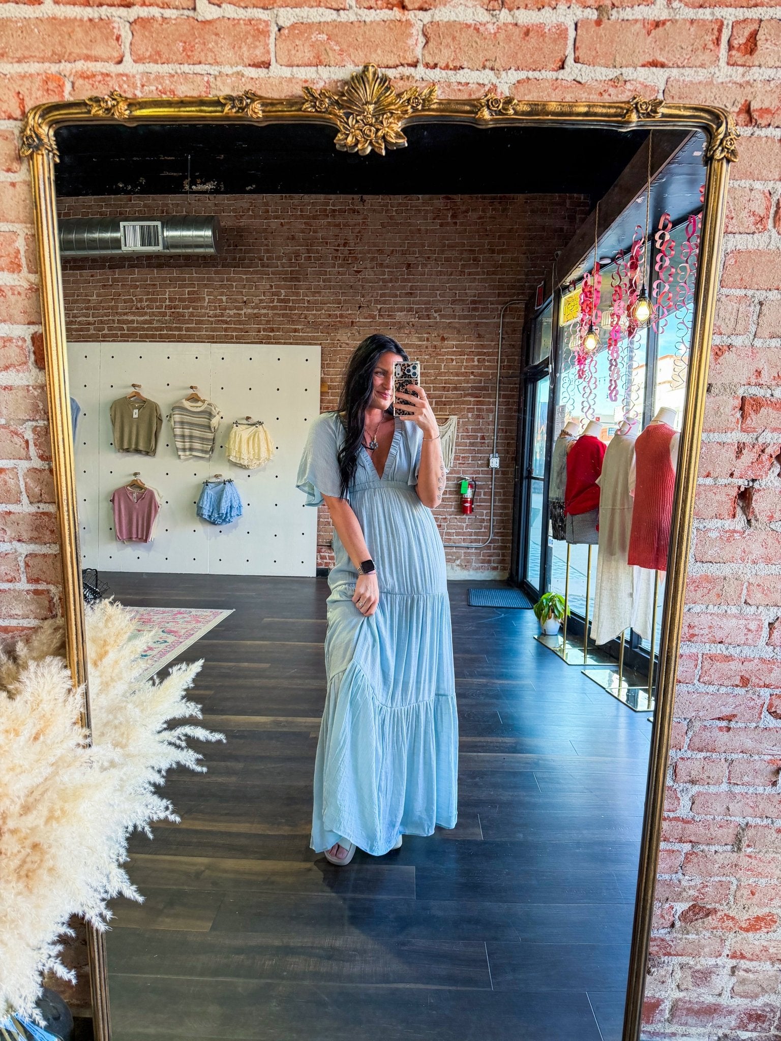 Serene Flutter Sleeve Tiered Maxi Dress – Plunging V - Neck Empire Waist Lt Blue - Southern Chic Tees & Boutique