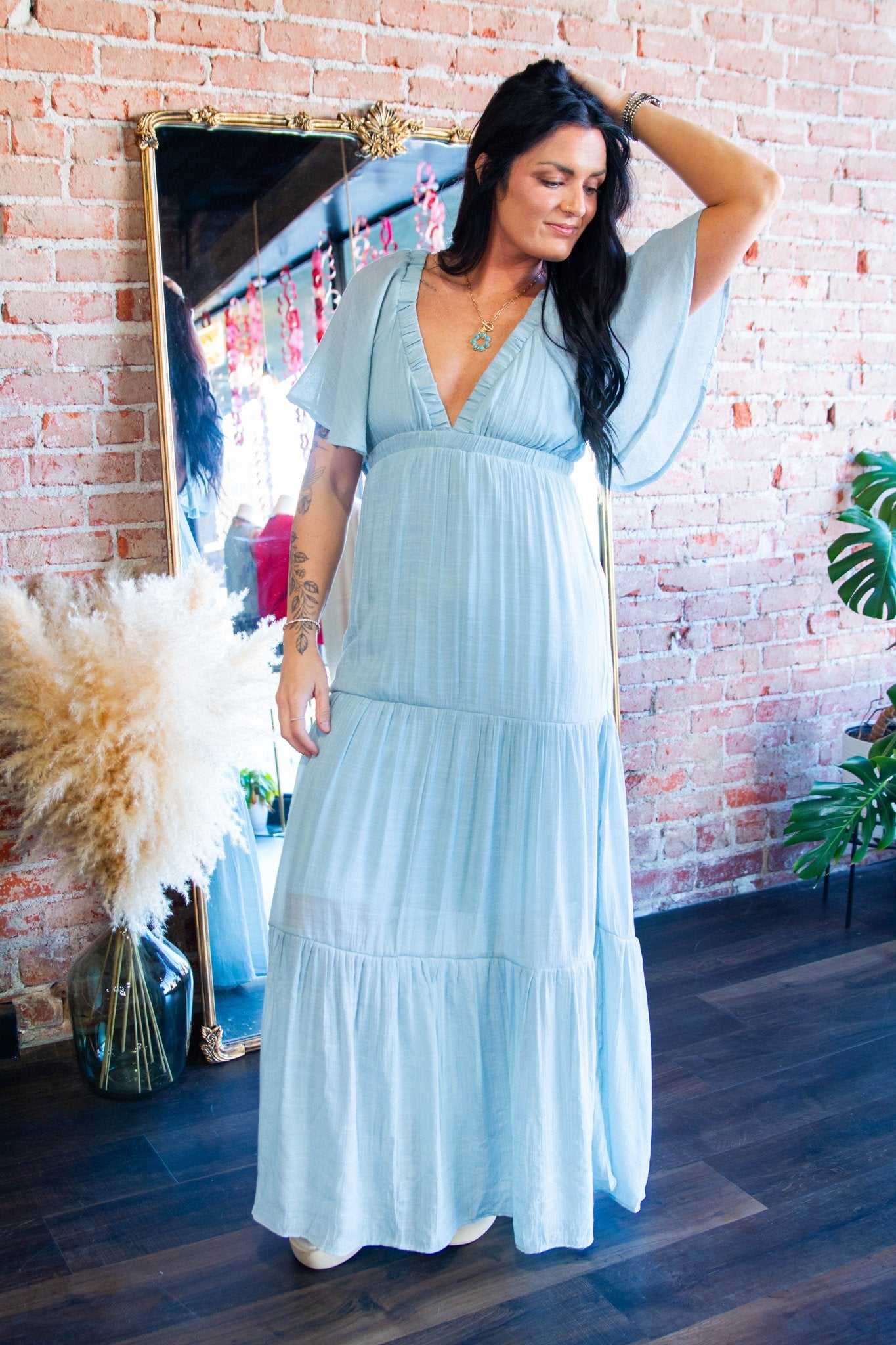 Serene Flutter Sleeve Tiered Maxi Dress – Plunging V - Neck Empire Waist Lt Blue - Southern Chic Tees & Boutique