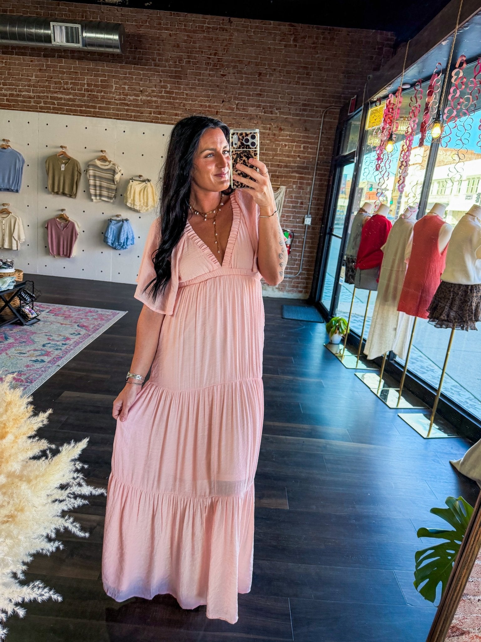Serene Flutter Sleeve Tiered Maxi Dress – Plunging V - Neck Empire Waist Lt Pink - Southern Chic Tees & Boutique
