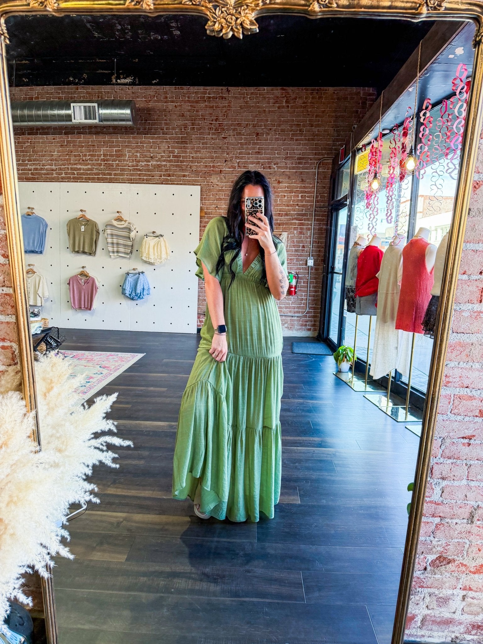 Serene Flutter Sleeve Tiered Maxi Dress – Plunging V - Neck Empire Waist Olive - Southern Chic Tees & Boutique