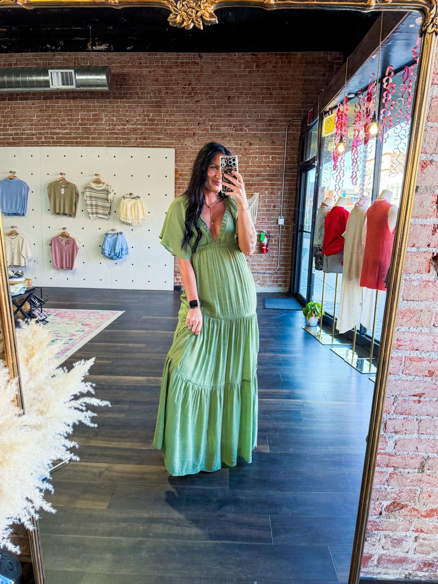 Serene Flutter Sleeve Tiered Maxi Dress – Plunging V - Neck Empire Waist Olive - Southern Chic Tees & Boutique