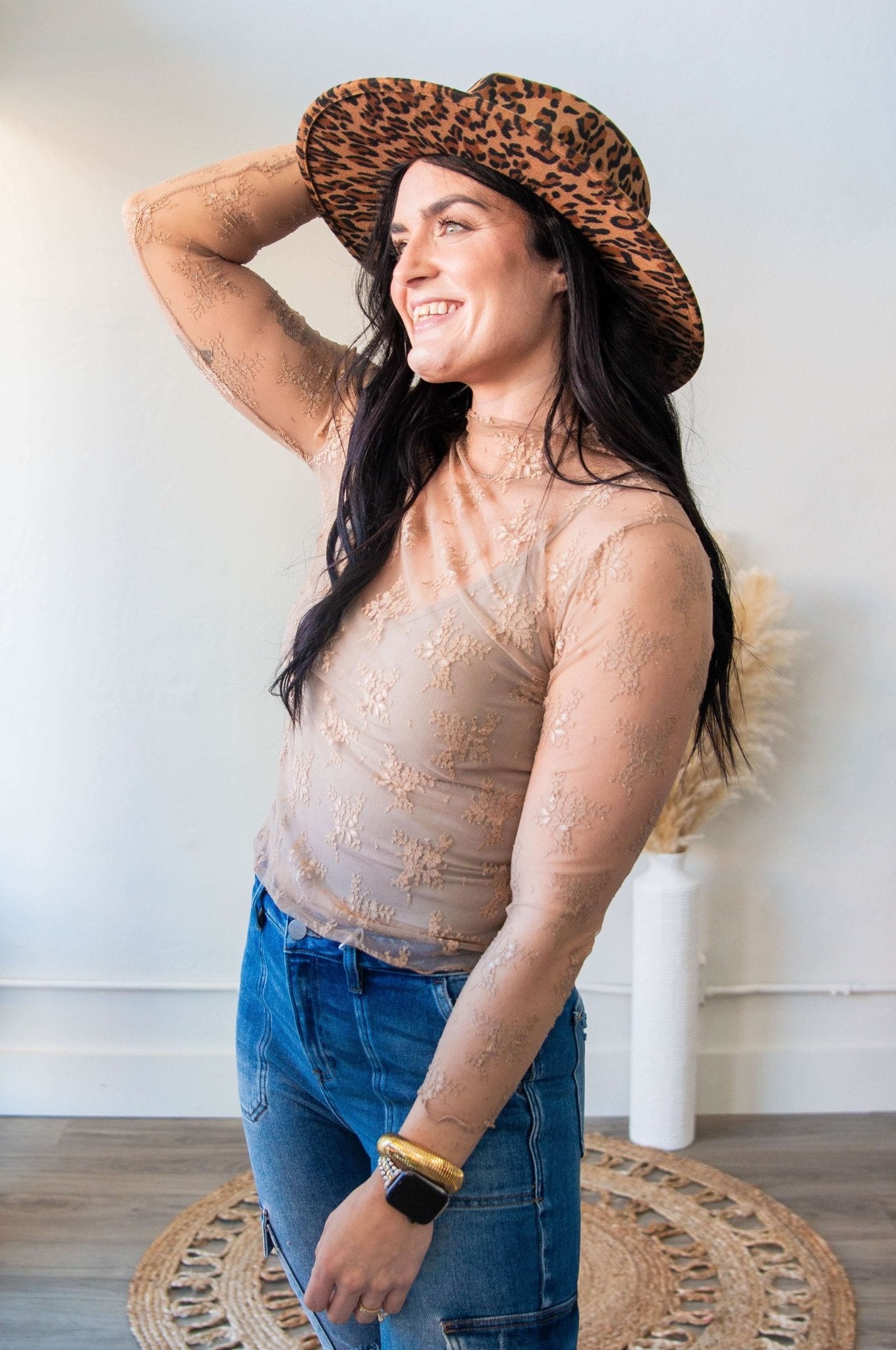Sheer Lace Long Sleeve Top Mocha - Southern Chic Tees & Boutique