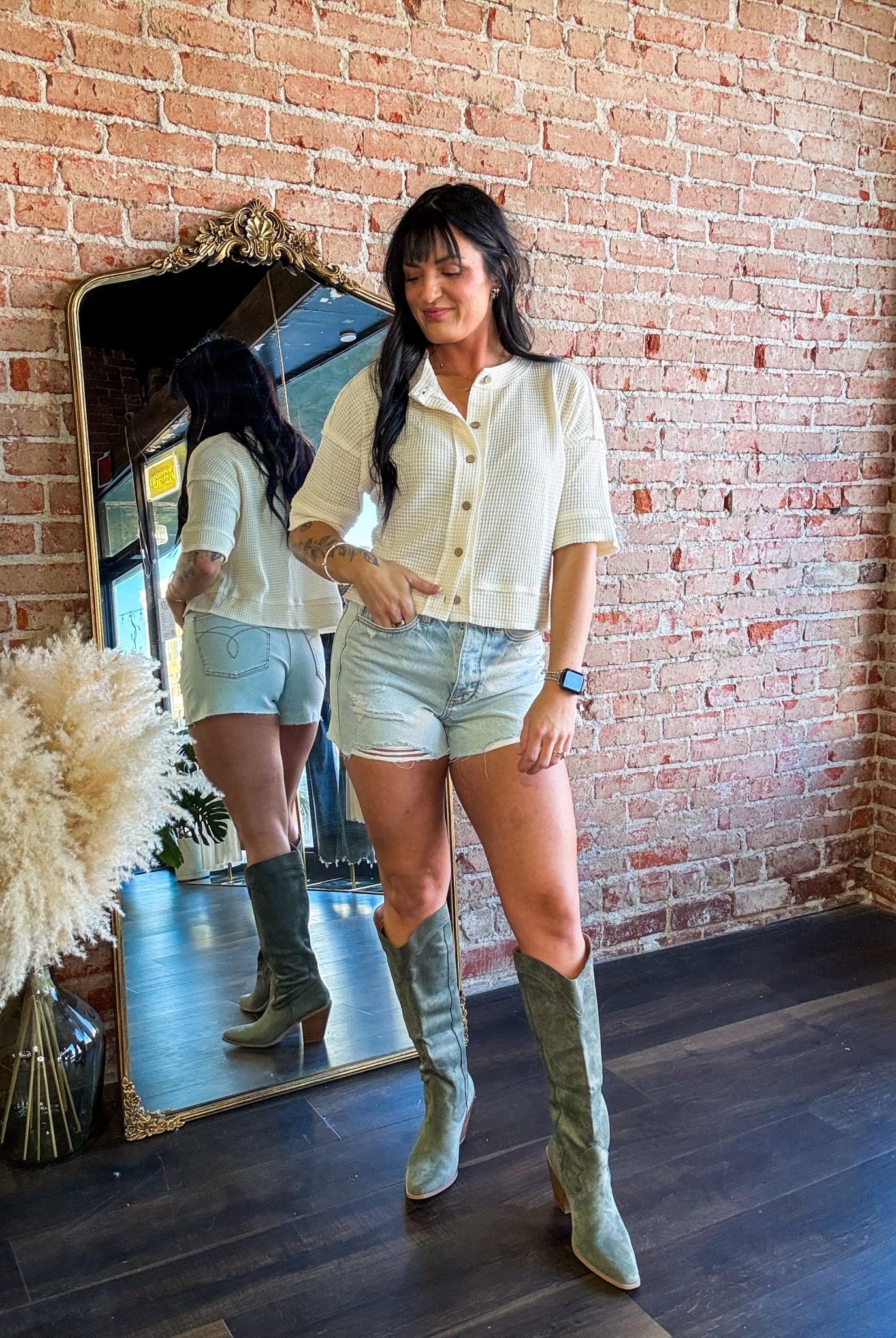 Short Sleeve Waffle Button Front Cardigan | Cream - Southern Chic Tees & Boutique