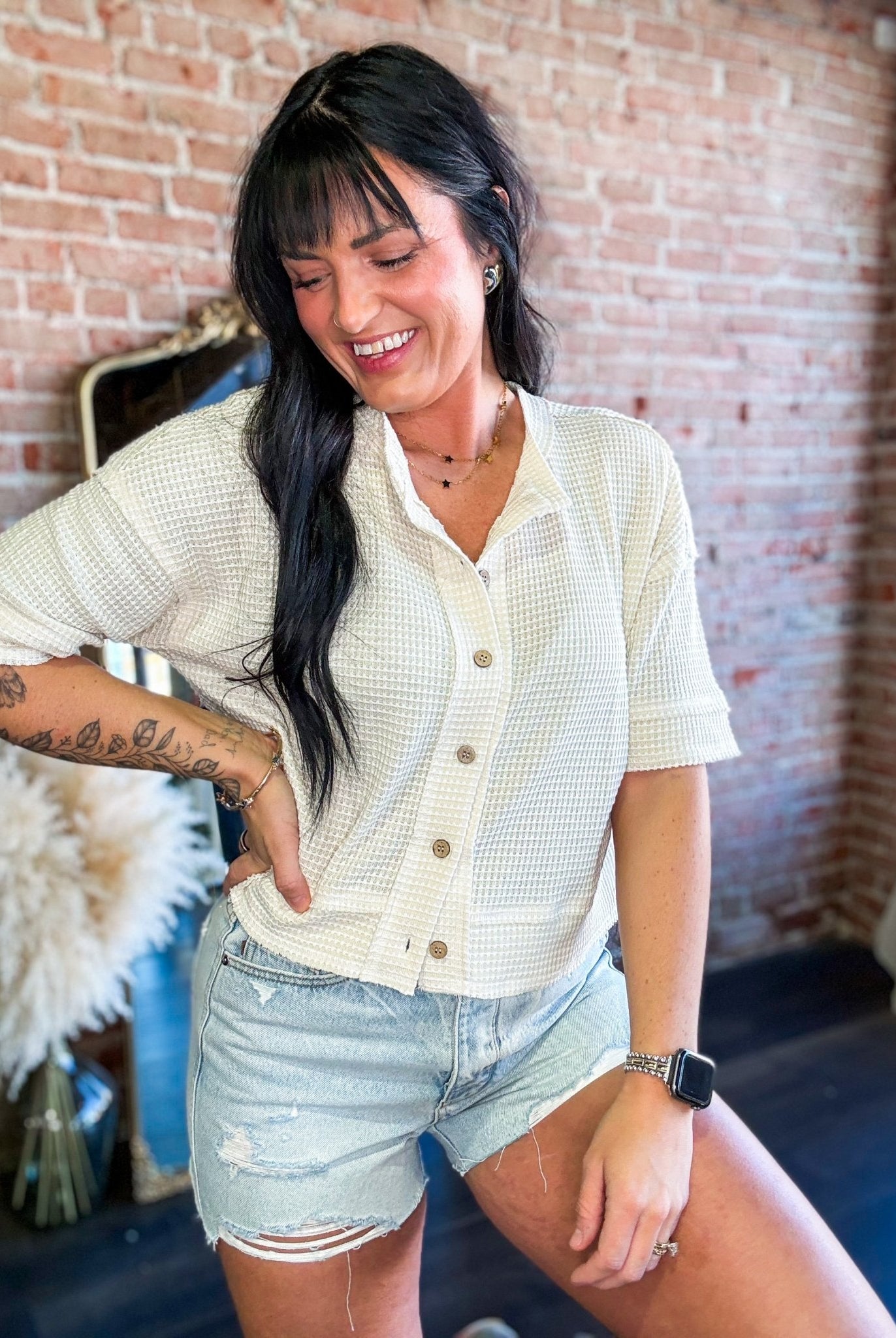 Short Sleeve Waffle Button Front Cardigan | Cream - Southern Chic Tees & Boutique