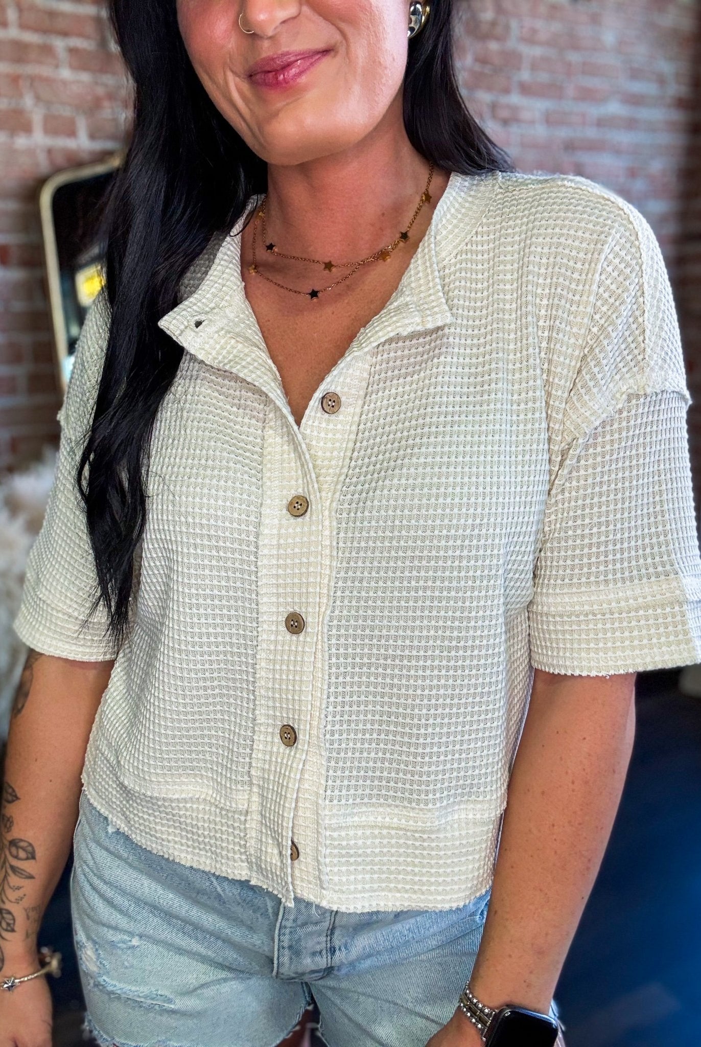 Short Sleeve Waffle Button Front Cardigan | Cream - Southern Chic Tees & Boutique