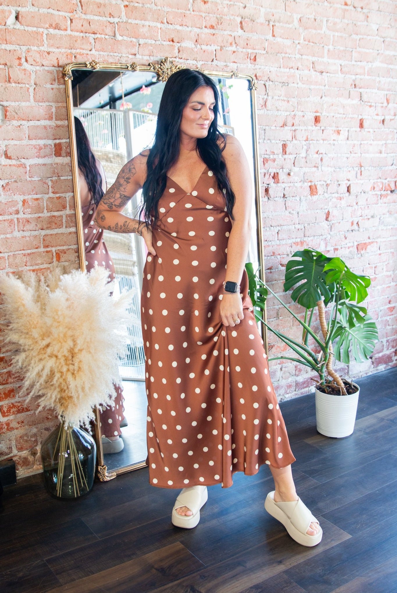 Sienna Polka Dot Satin V - Neck Maxi Dress - Southern Chic Tees & Boutique