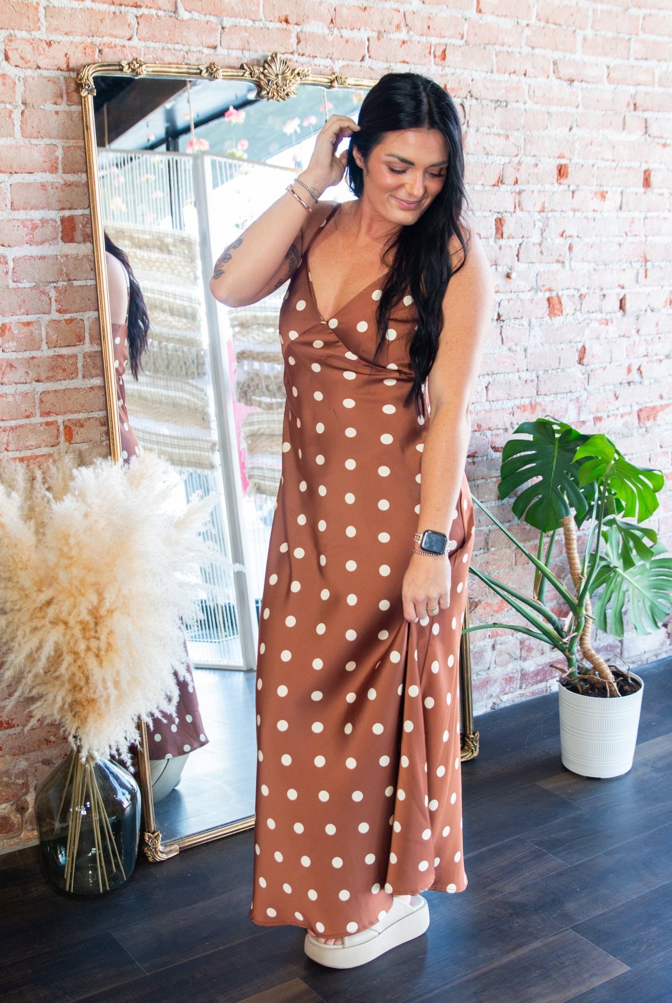 Sienna Polka Dot Satin V - Neck Maxi Dress - Southern Chic Tees & Boutique