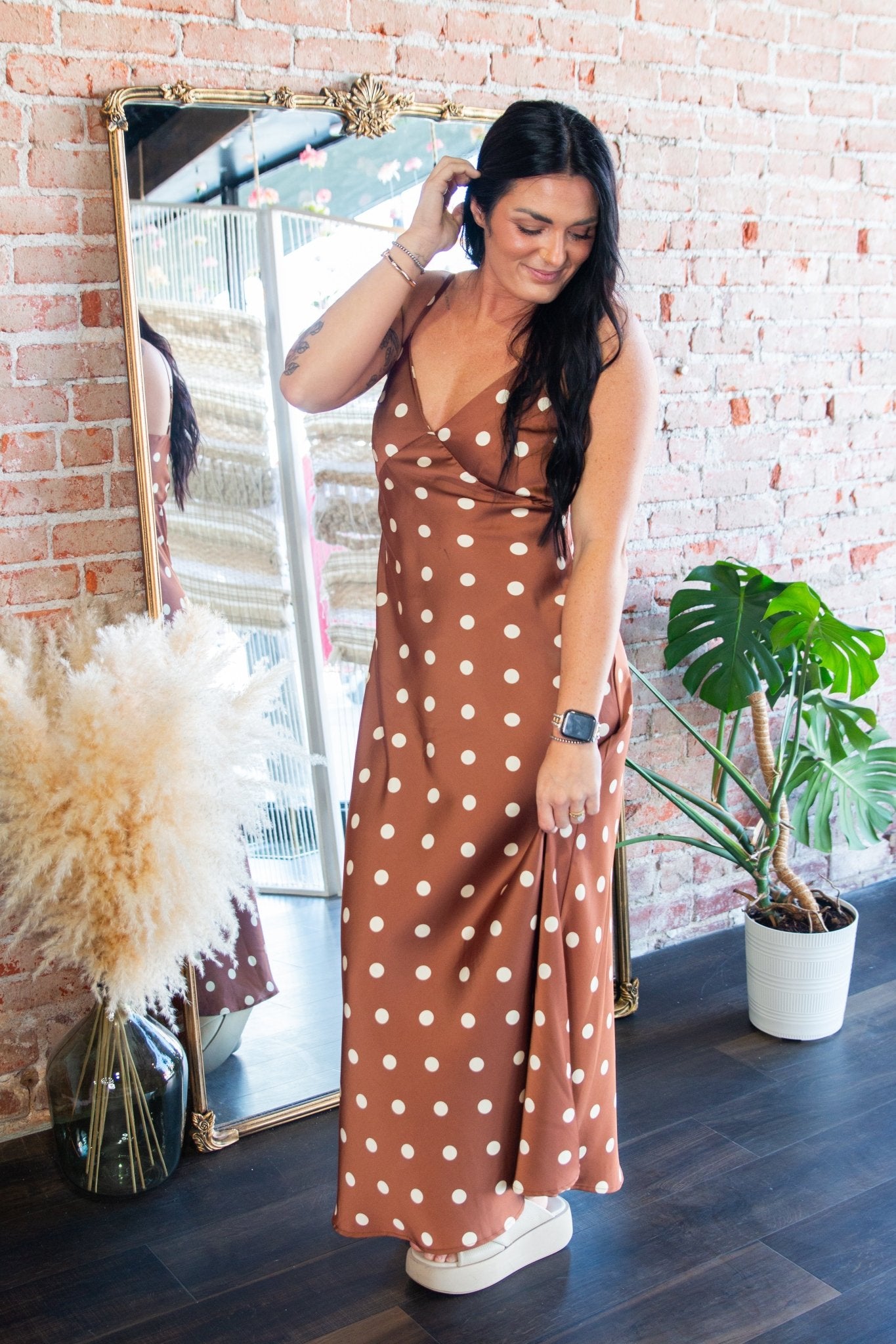 Sienna Polka Dot Satin V - Neck Maxi Dress - Southern Chic Tees & Boutique