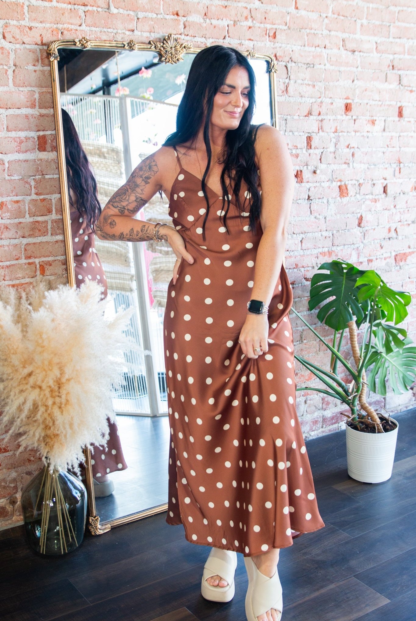 Sienna Polka Dot Satin V - Neck Maxi Dress - Southern Chic Tees & Boutique