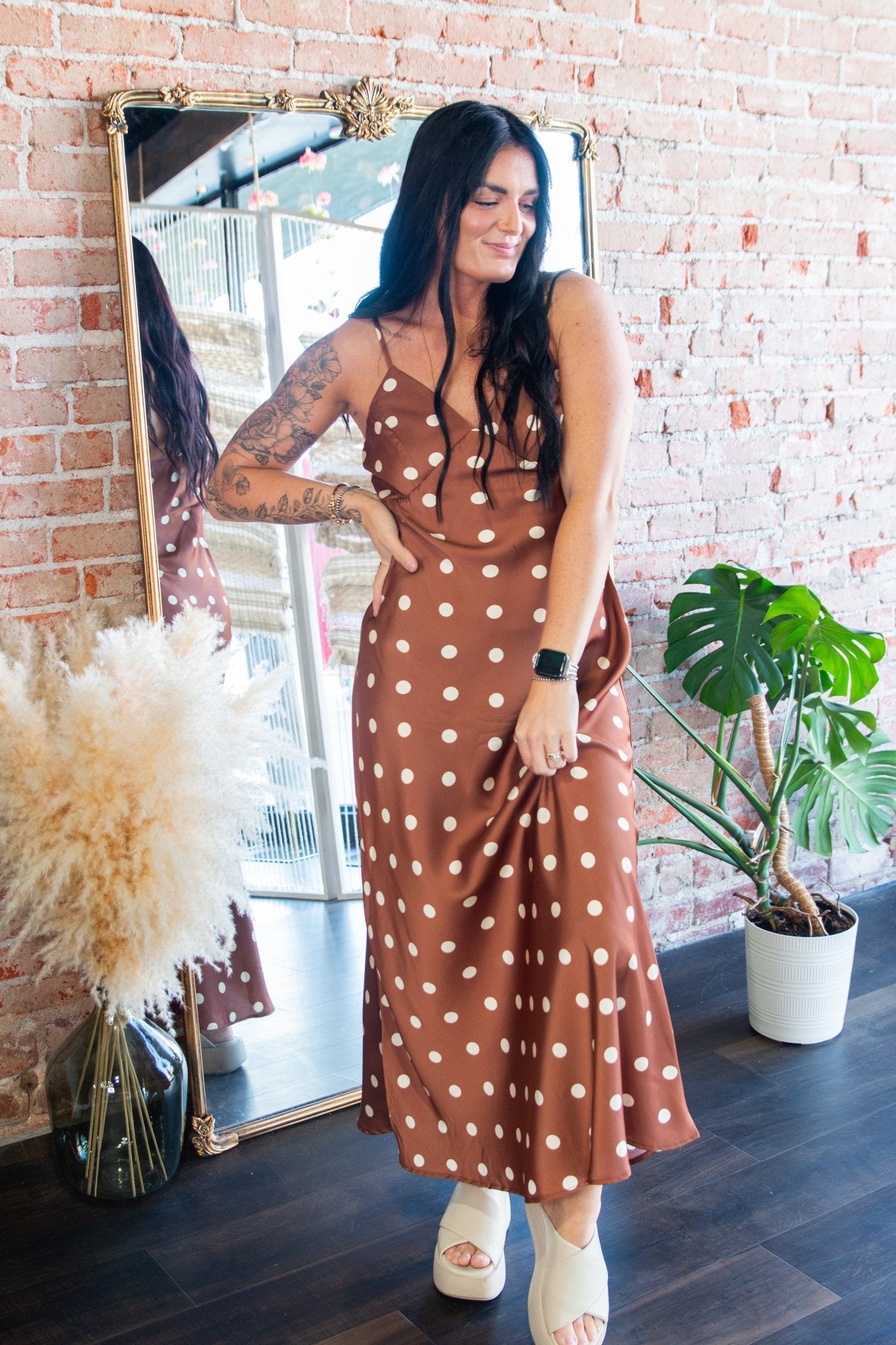Sienna Polka Dot Satin V - Neck Maxi Dress - Southern Chic Tees & Boutique