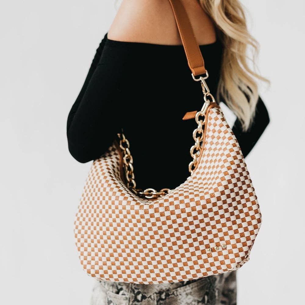 Sienna Slouchy Woven Shoulder Bag | Brown Checkered - Southern Chic Tees & Boutique