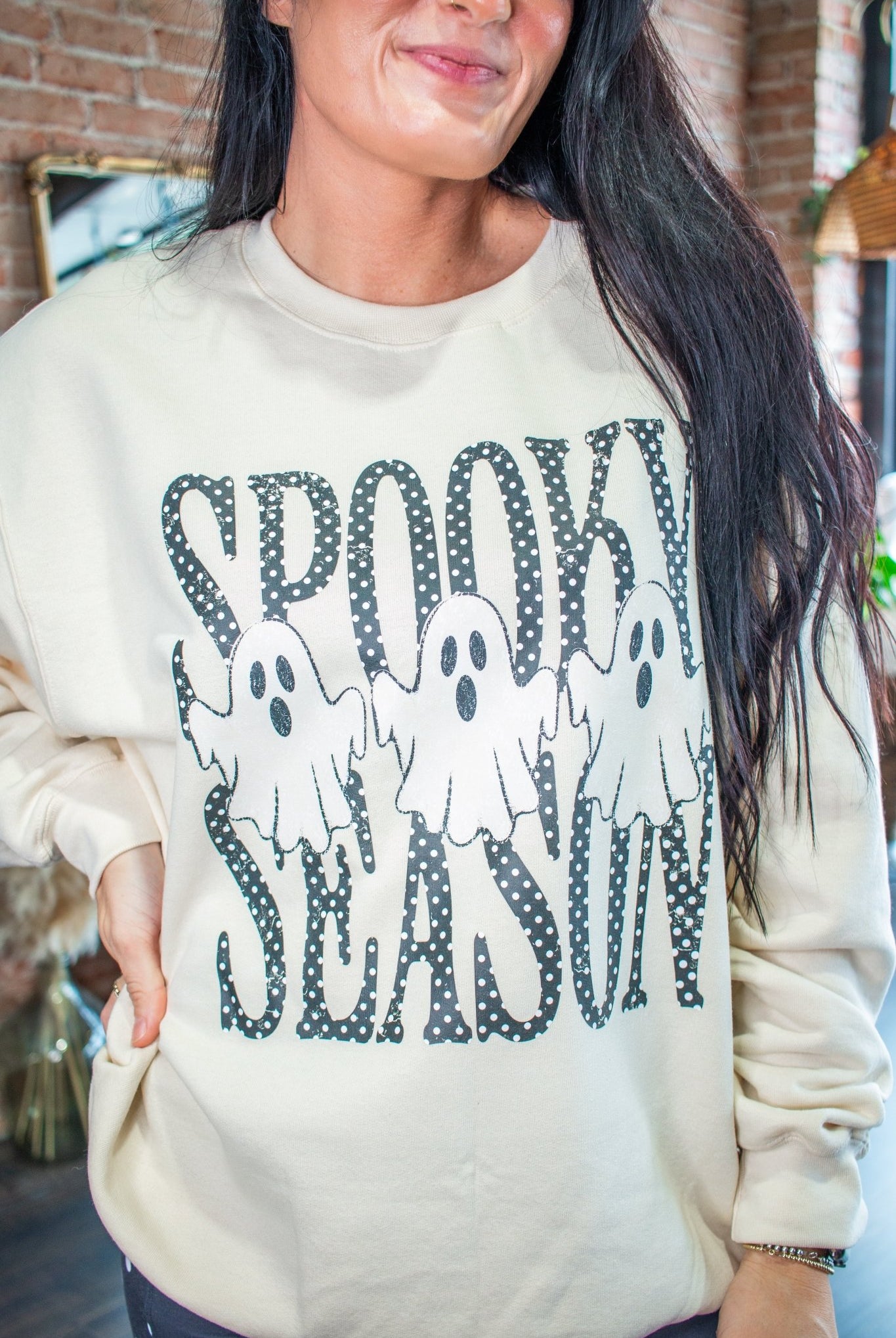 Spooky Season Ghost Polka Dot Graphic Sweatshirt – Cute Halloween Crewneck - Southern Chic Tees & Boutique