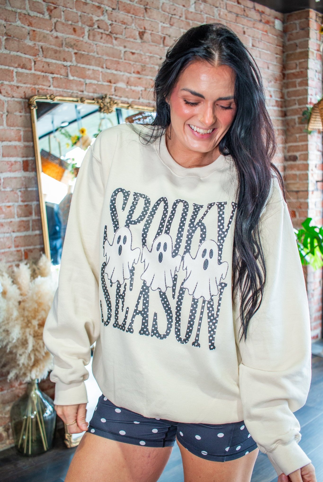 Spooky Season Ghost Polka Dot Graphic Sweatshirt – Cute Halloween Crewneck - Southern Chic Tees & Boutique