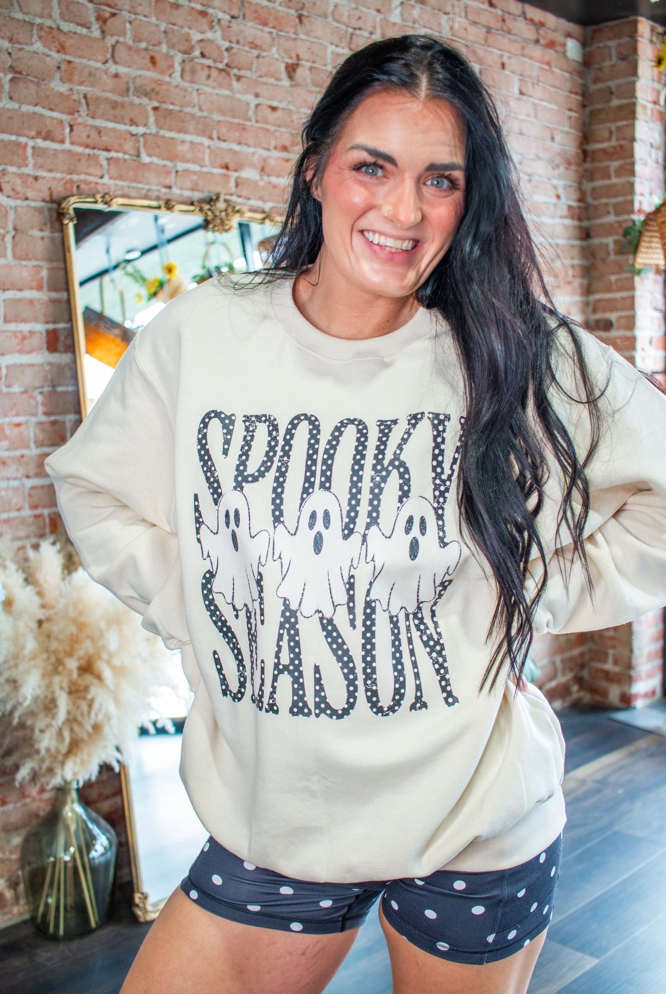 Spooky Season Ghost Polka Dot Graphic Sweatshirt – Cute Halloween Crewneck - Southern Chic Tees & Boutique