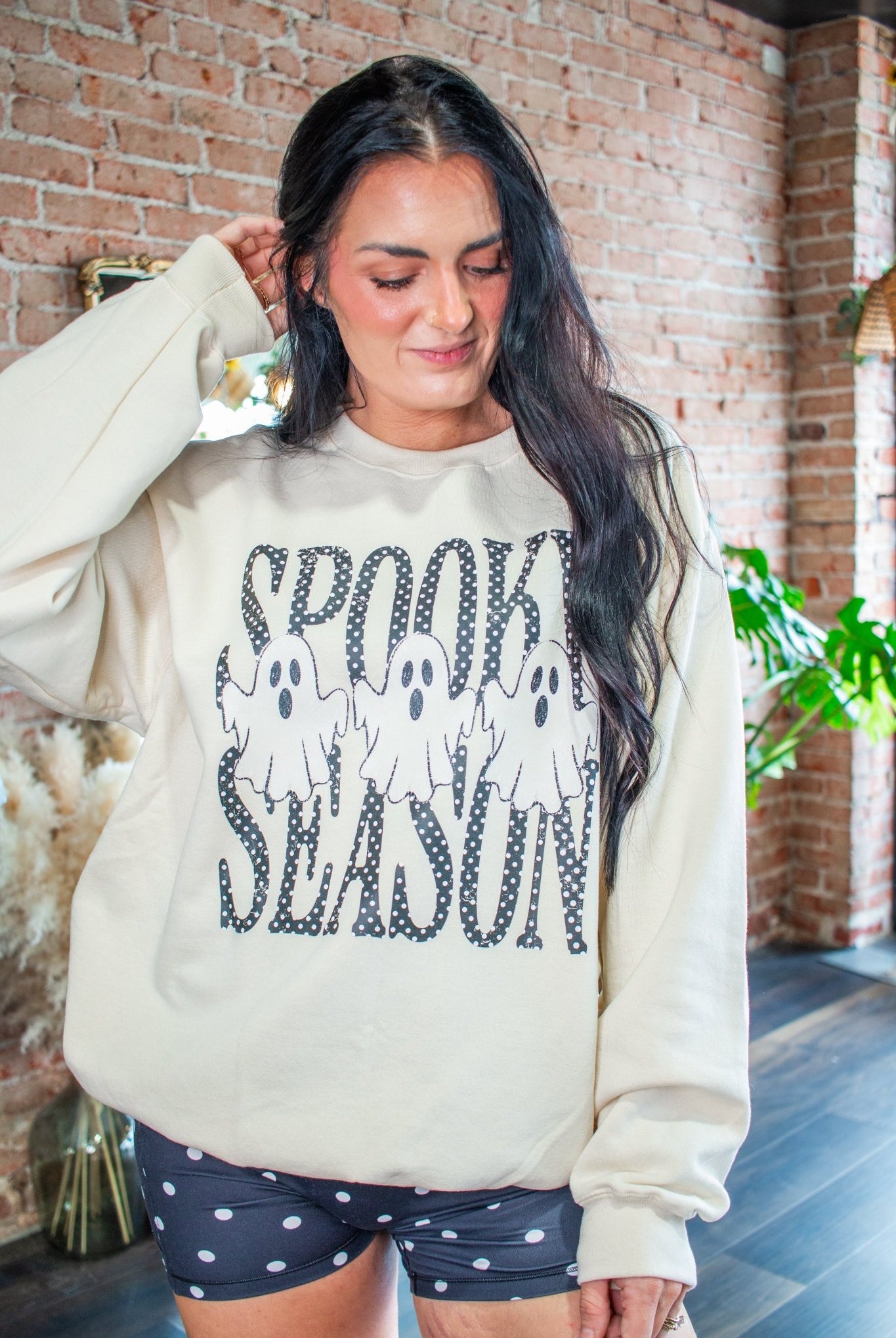 Spooky Season Ghost Polka Dot Graphic Sweatshirt – Cute Halloween Crewneck - Southern Chic Tees & Boutique