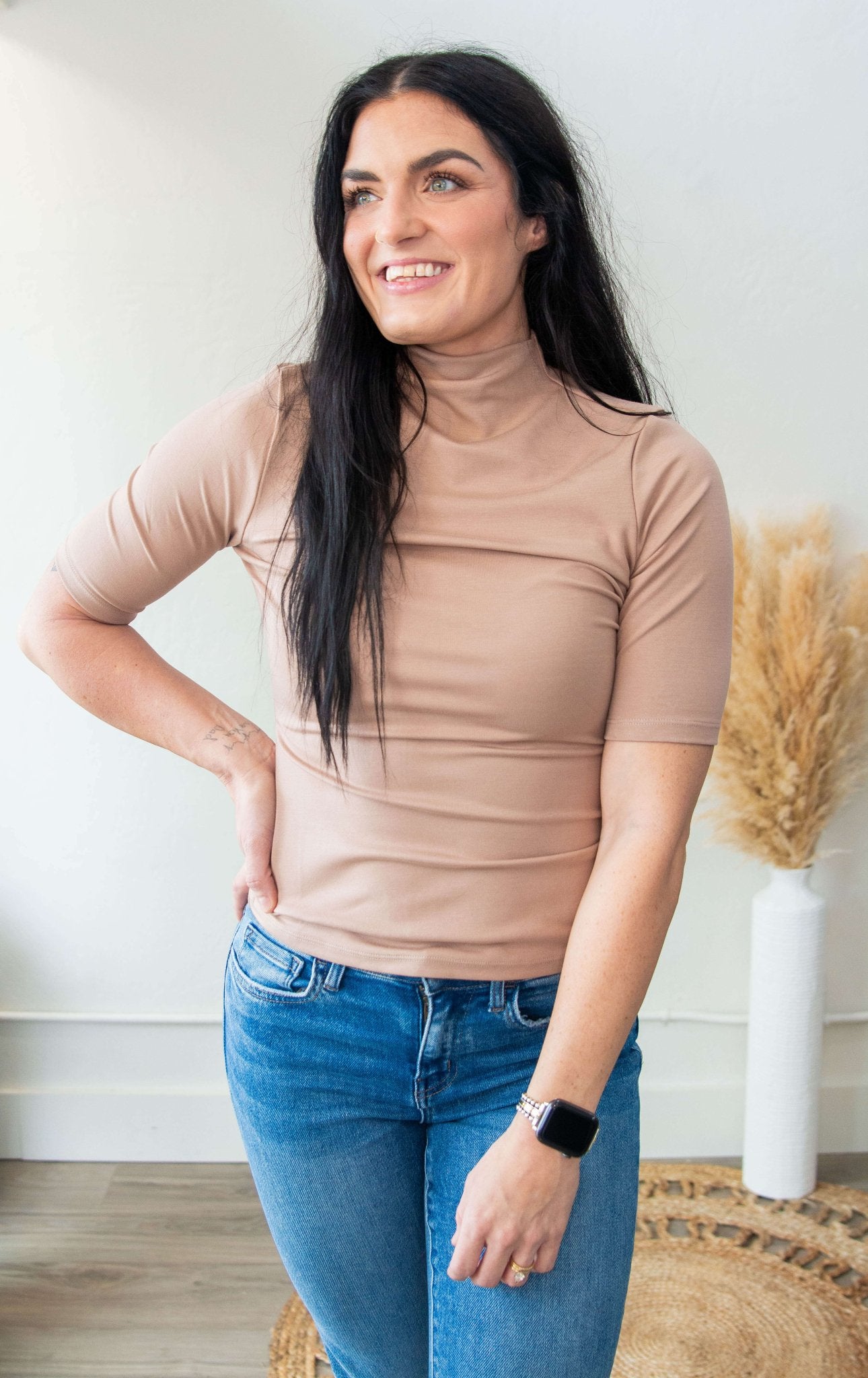 Taupe Mock Neck Fitted Top - Southern Chic Tees & Boutique