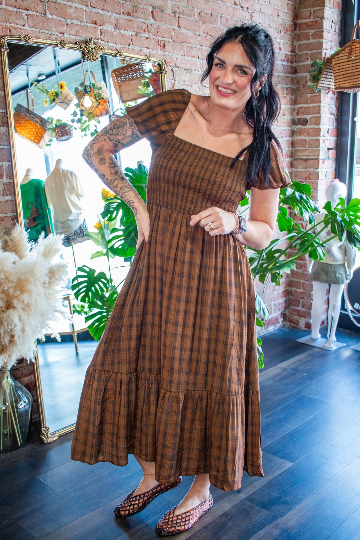 The "Pumpkin Spice & Everything Nice" Brown Plaid Puff Sleeve Midi Dress - Southern Chic Tees & Boutique