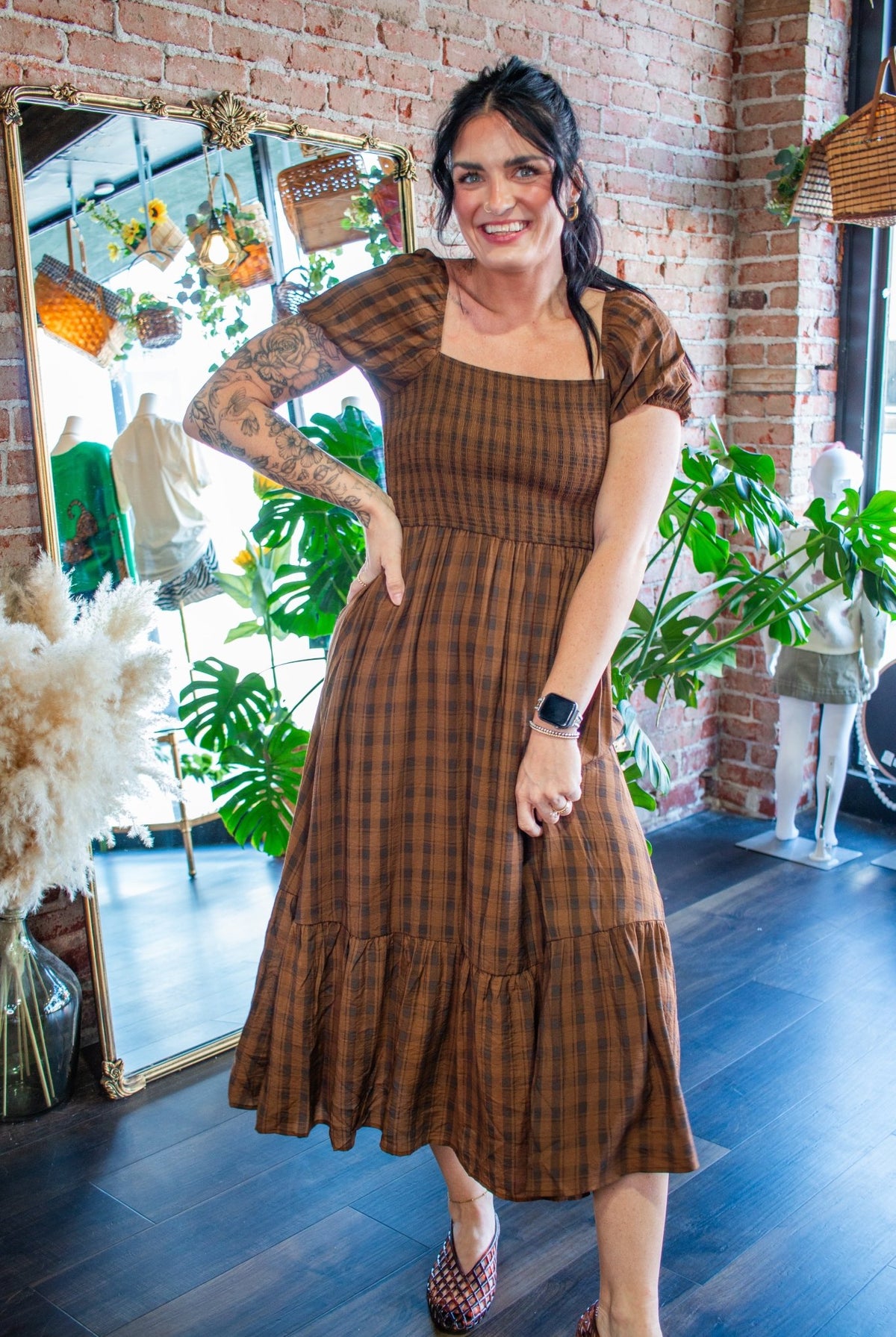 The "Pumpkin Spice & Everything Nice" Brown Plaid Puff Sleeve Midi Dress - Southern Chic Tees & Boutique