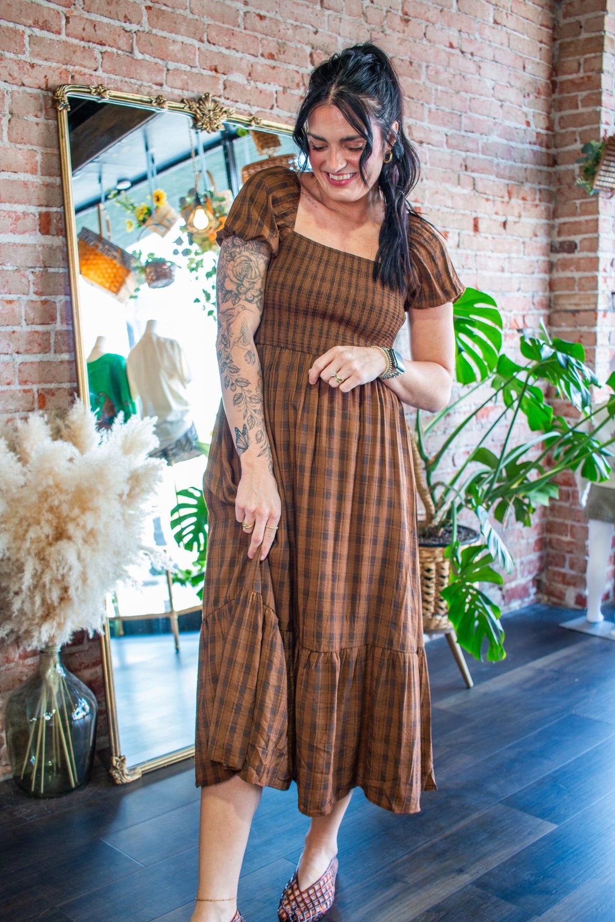 The "Pumpkin Spice & Everything Nice" Brown Plaid Puff Sleeve Midi Dress - Southern Chic Tees & Boutique