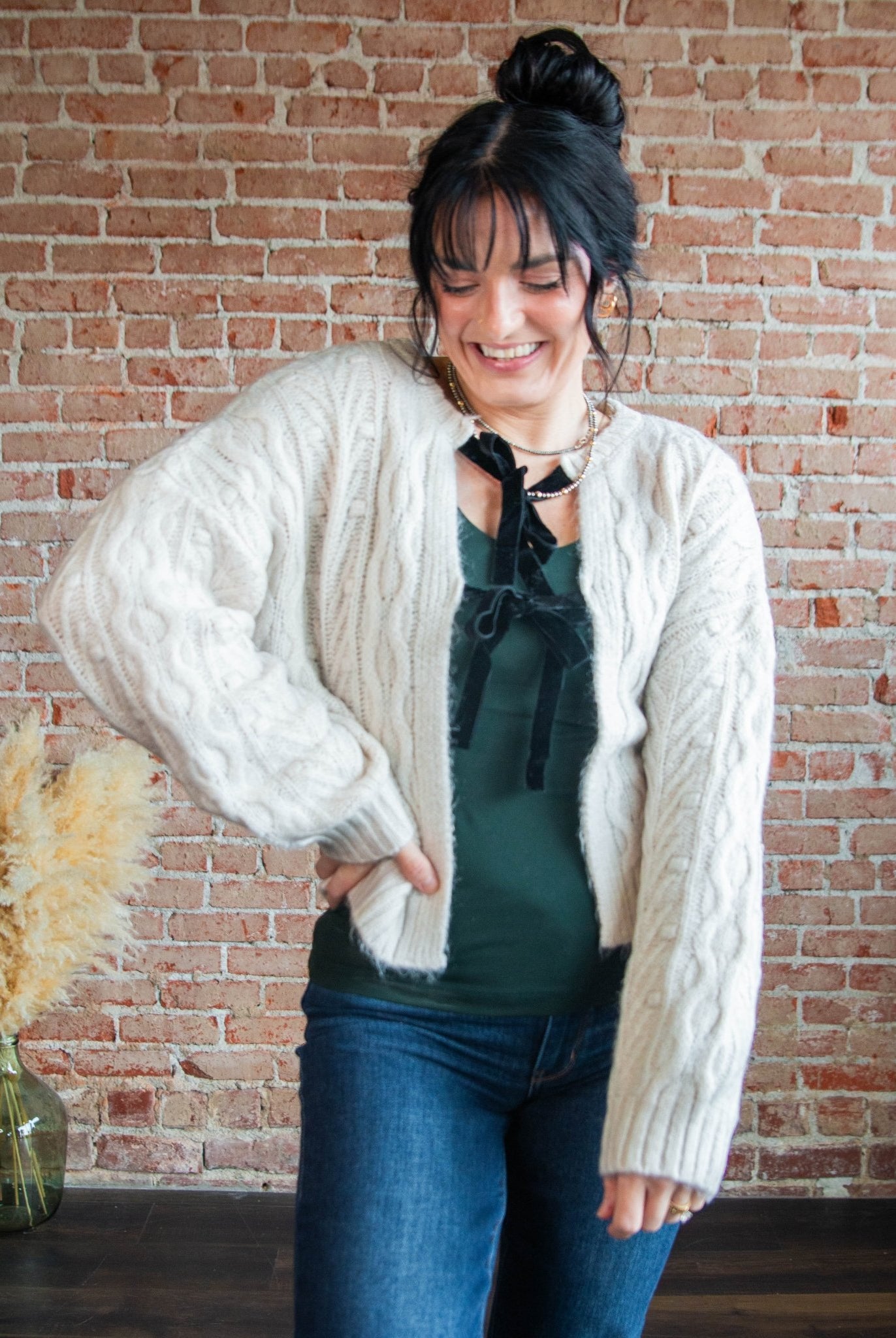 Velvet Bow Cable Knit Cardigan - Southern Chic Tees & Boutique