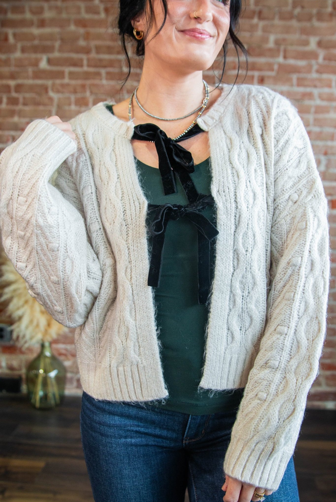 Velvet Bow Cable Knit Cardigan - Southern Chic Tees & Boutique