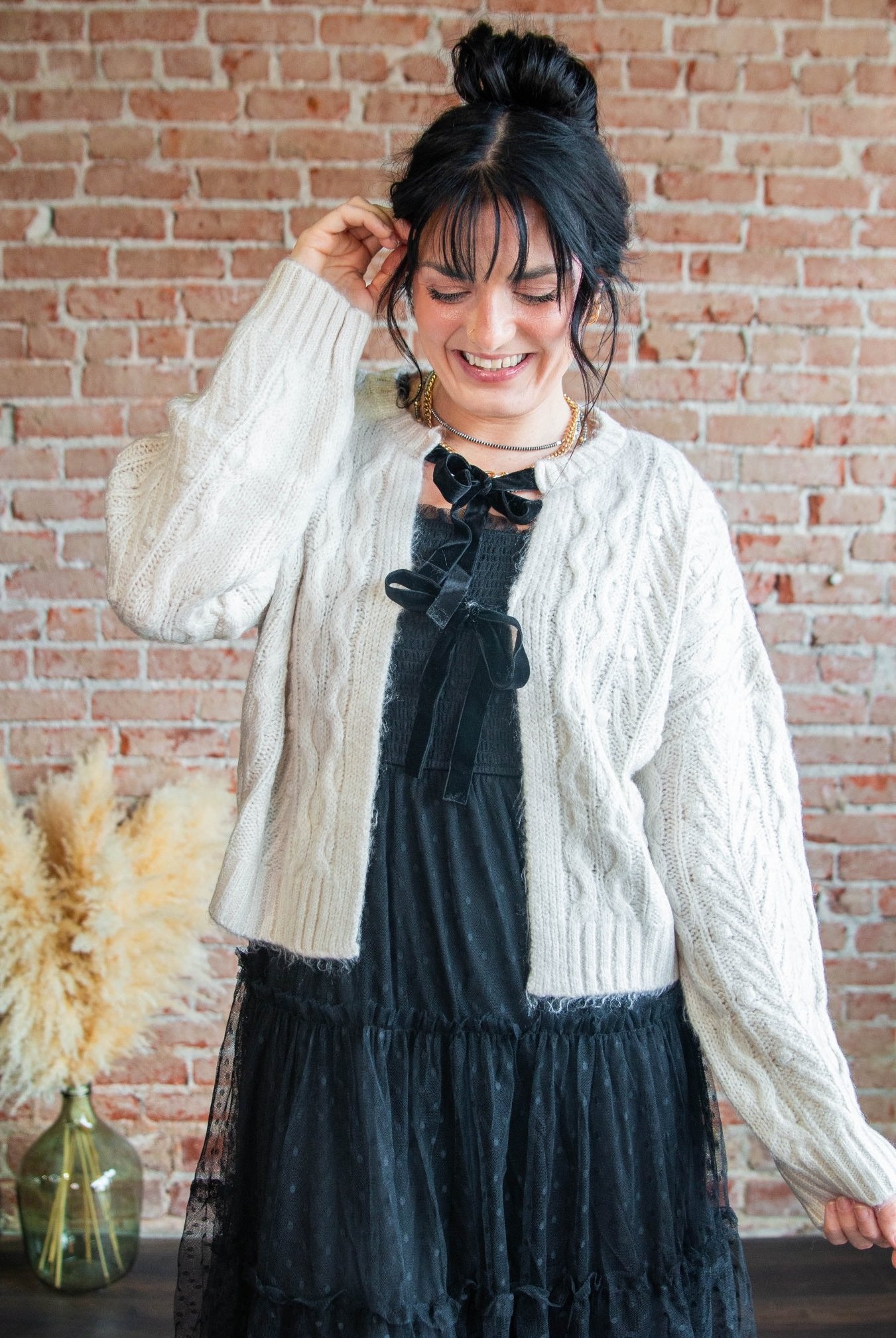 Velvet Bow Cable Knit Cardigan - Southern Chic Tees & Boutique