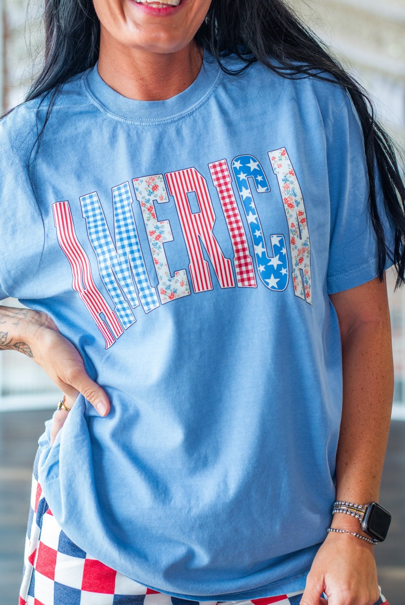 Vintage Americana Patchwork Tee | Ultra - Soft Comfort Colors Graphic Shirt - Southern Chic Tees & Boutique