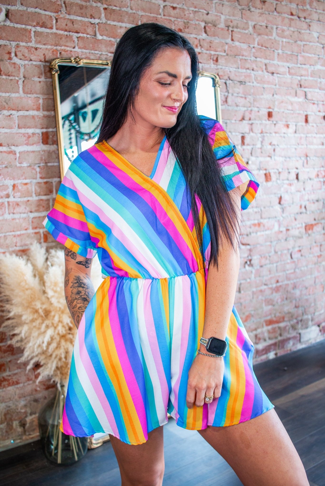 Vivid Multi-Stripe Surplice Romper with Dolman Sleeves - Southern Chic Tees & Boutique