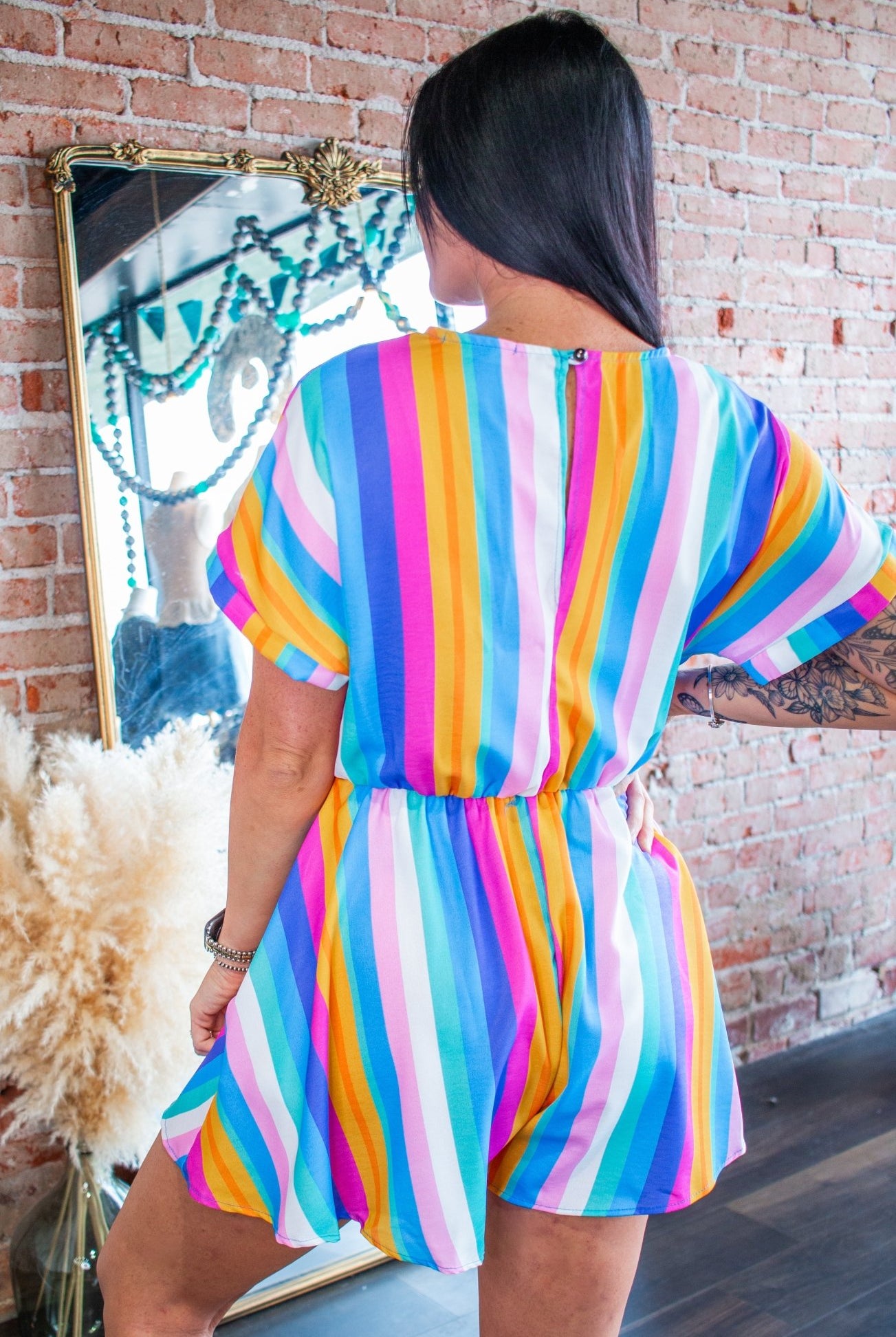 Vivid Multi-Stripe Surplice Romper with Dolman Sleeves - Southern Chic Tees & Boutique