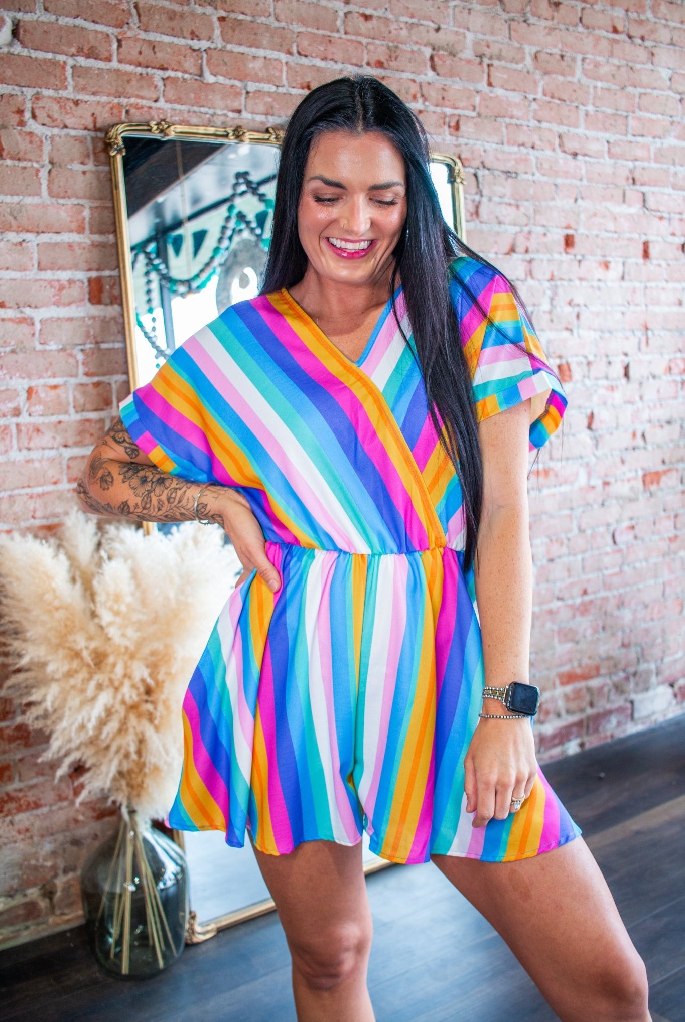 Vivid Multi-Stripe Surplice Romper with Dolman Sleeves - Southern Chic Tees & Boutique