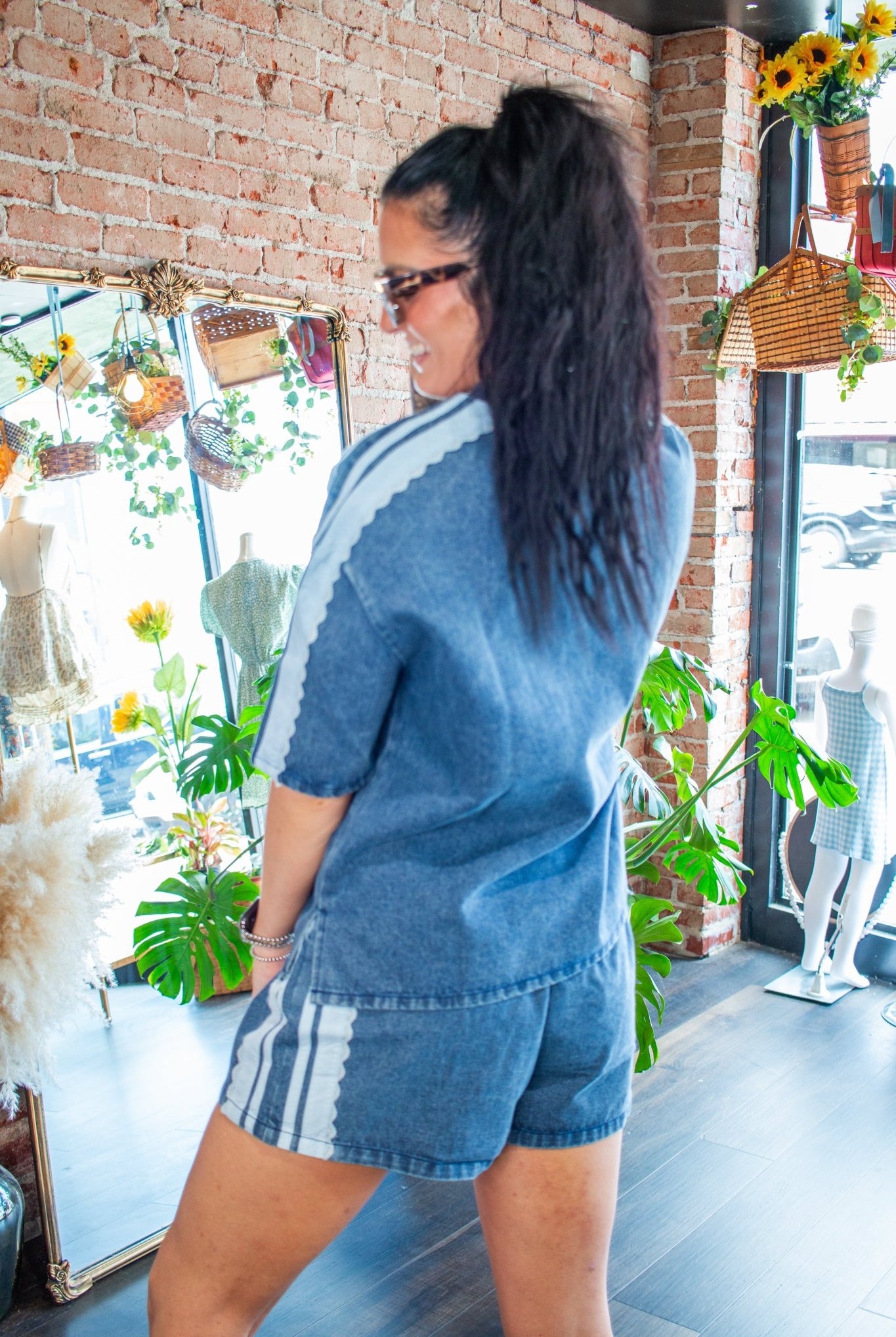 Washed Denim Side Lace Short Sleeve Top - Southern Chic Tees & Boutique