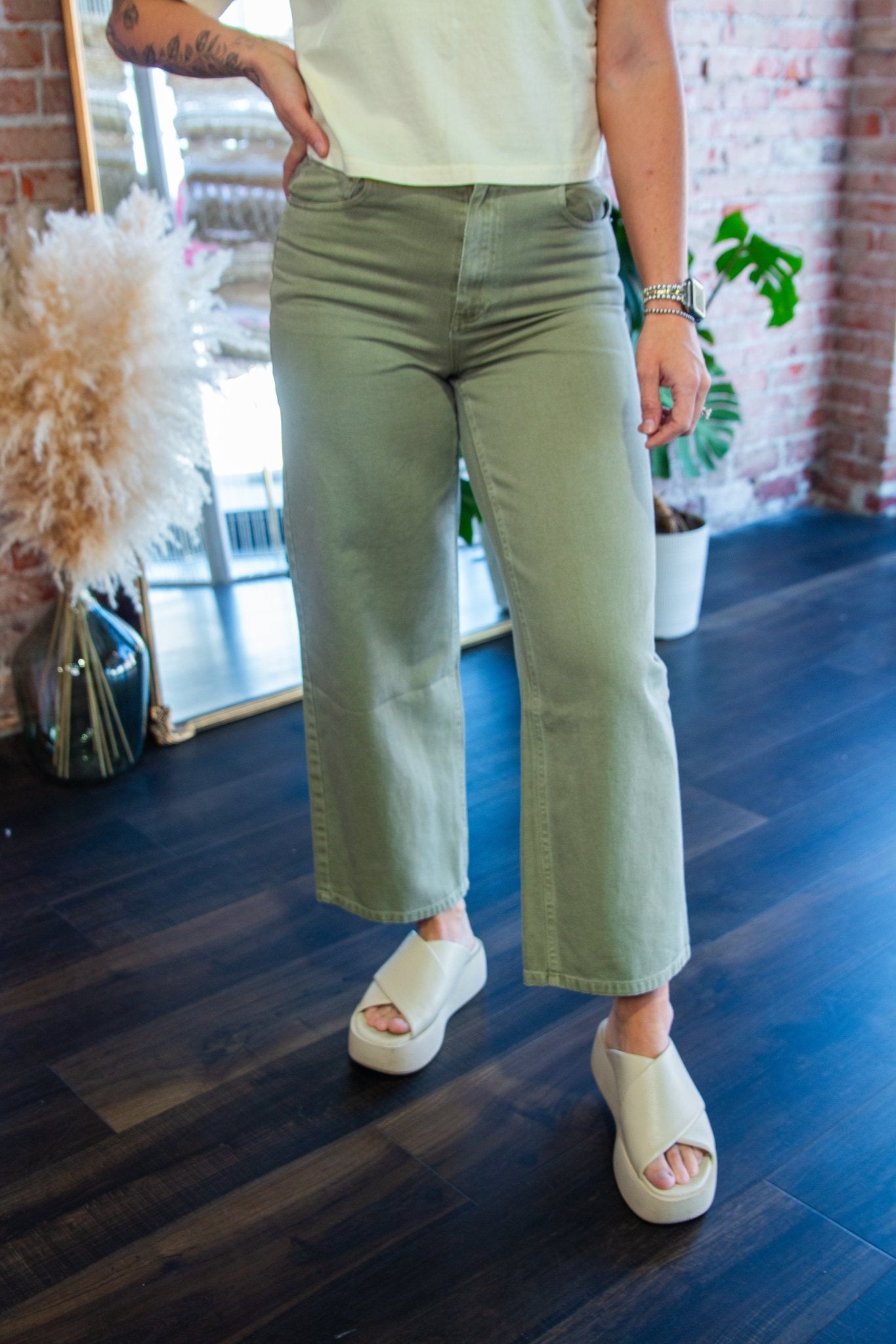 Washed Light Olive Wide Legs Jeans - Southern Chic Tees & Boutique