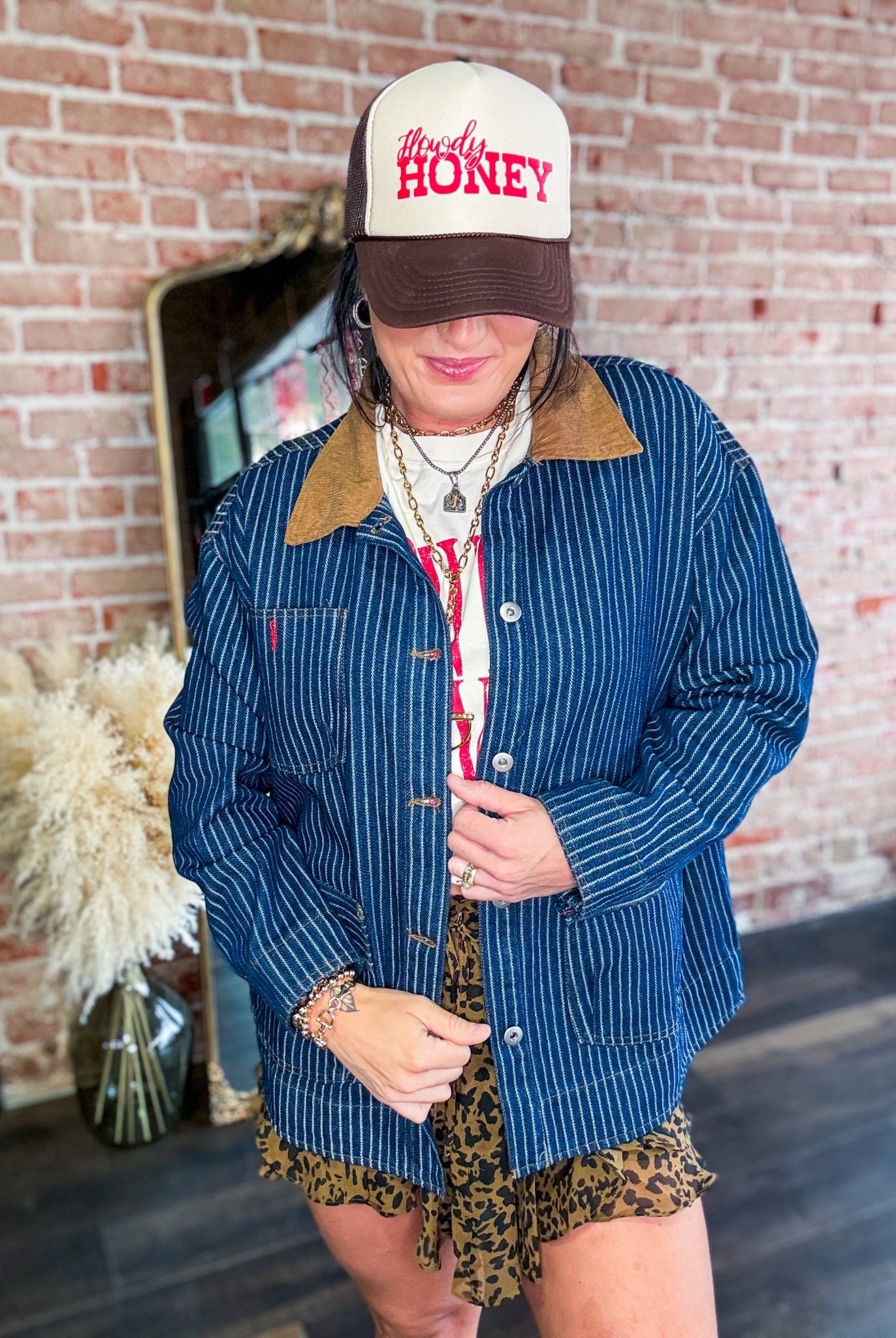 Western Stripe Corduroy Collar Denim Shacket - Southern Chic Tees & Boutique