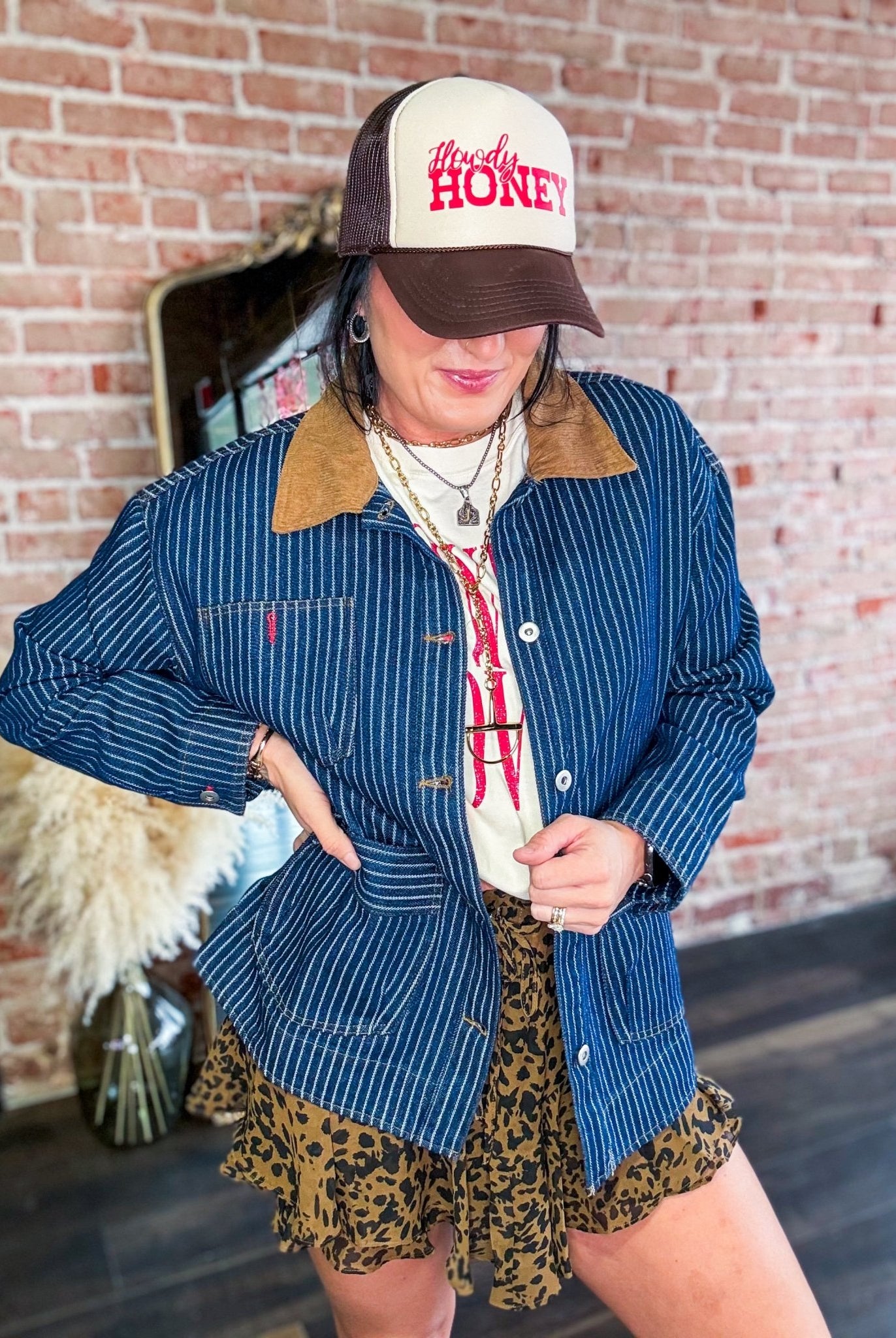 Western Stripe Corduroy Collar Denim Shacket - Southern Chic Tees & Boutique