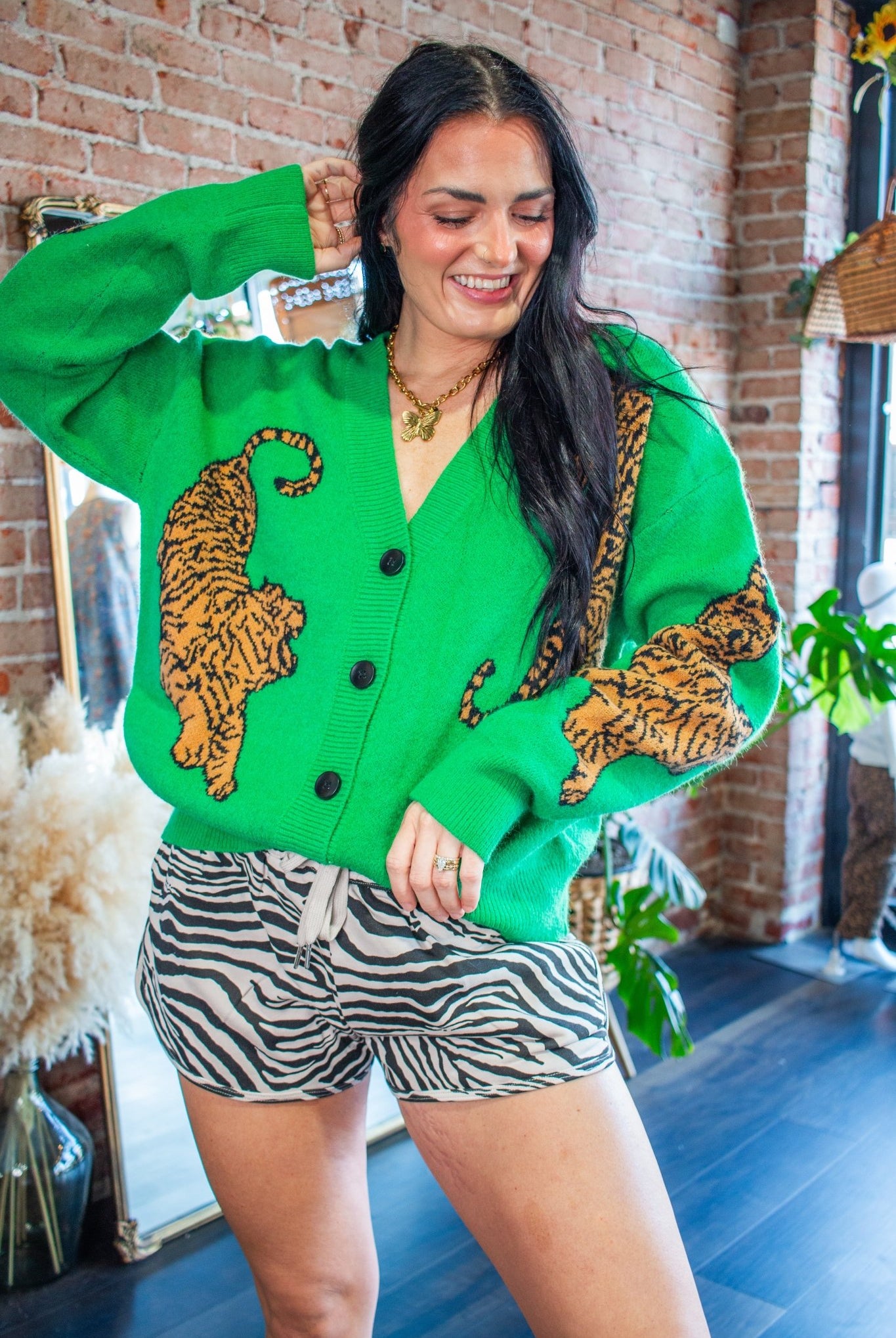 Wild Side Tiger Jacquard Oversized V-Neck Knit Cardigan - Southern Chic Tees & Boutique
