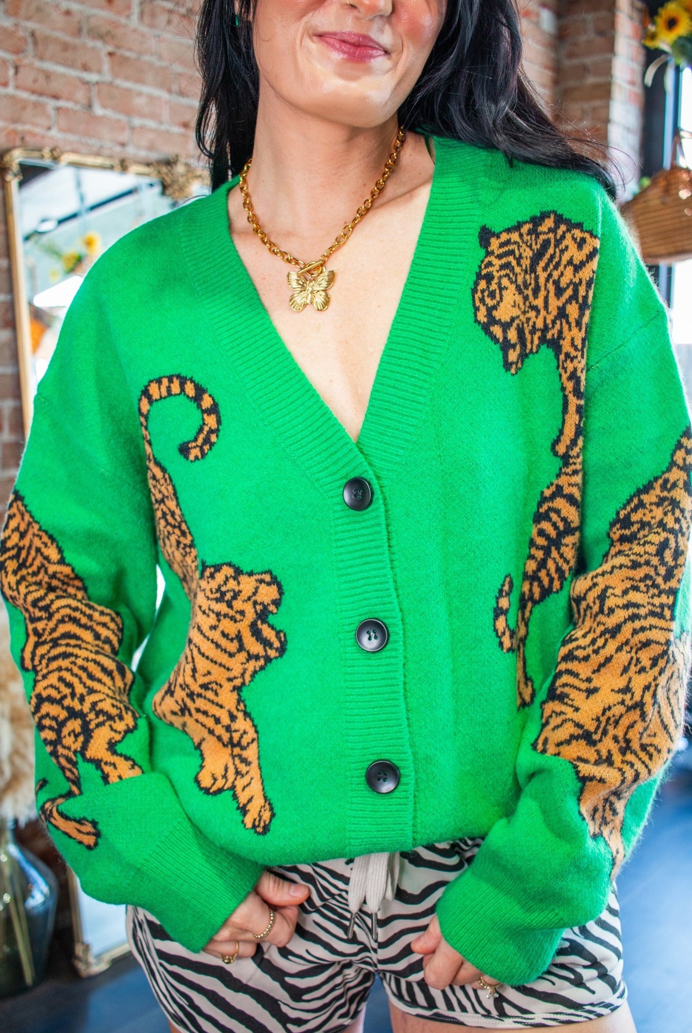 Wild Side Tiger Jacquard Oversized V-Neck Knit Cardigan - Southern Chic Tees & Boutique