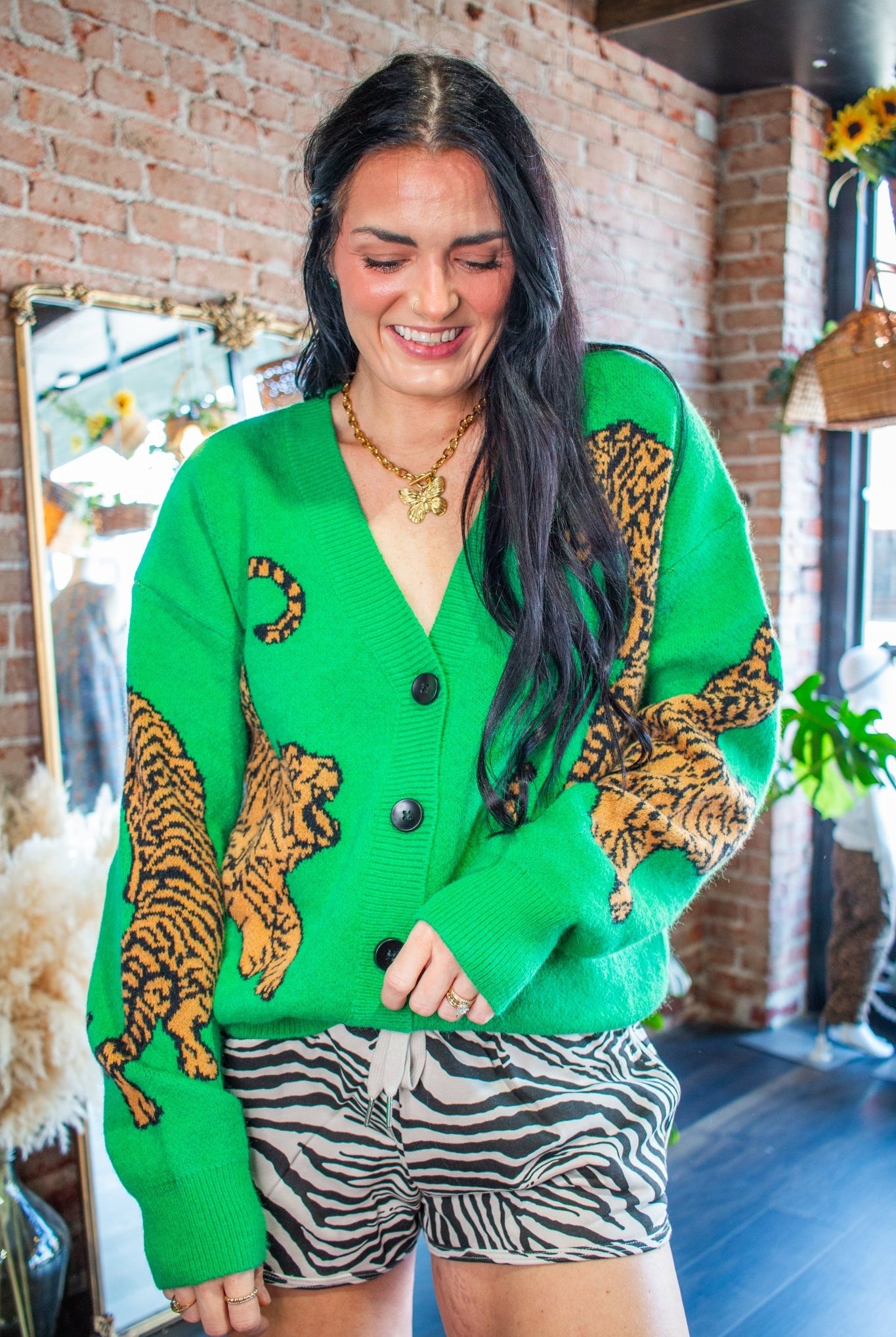 Wild Side Tiger Jacquard Oversized V-Neck Knit Cardigan - Southern Chic Tees & Boutique