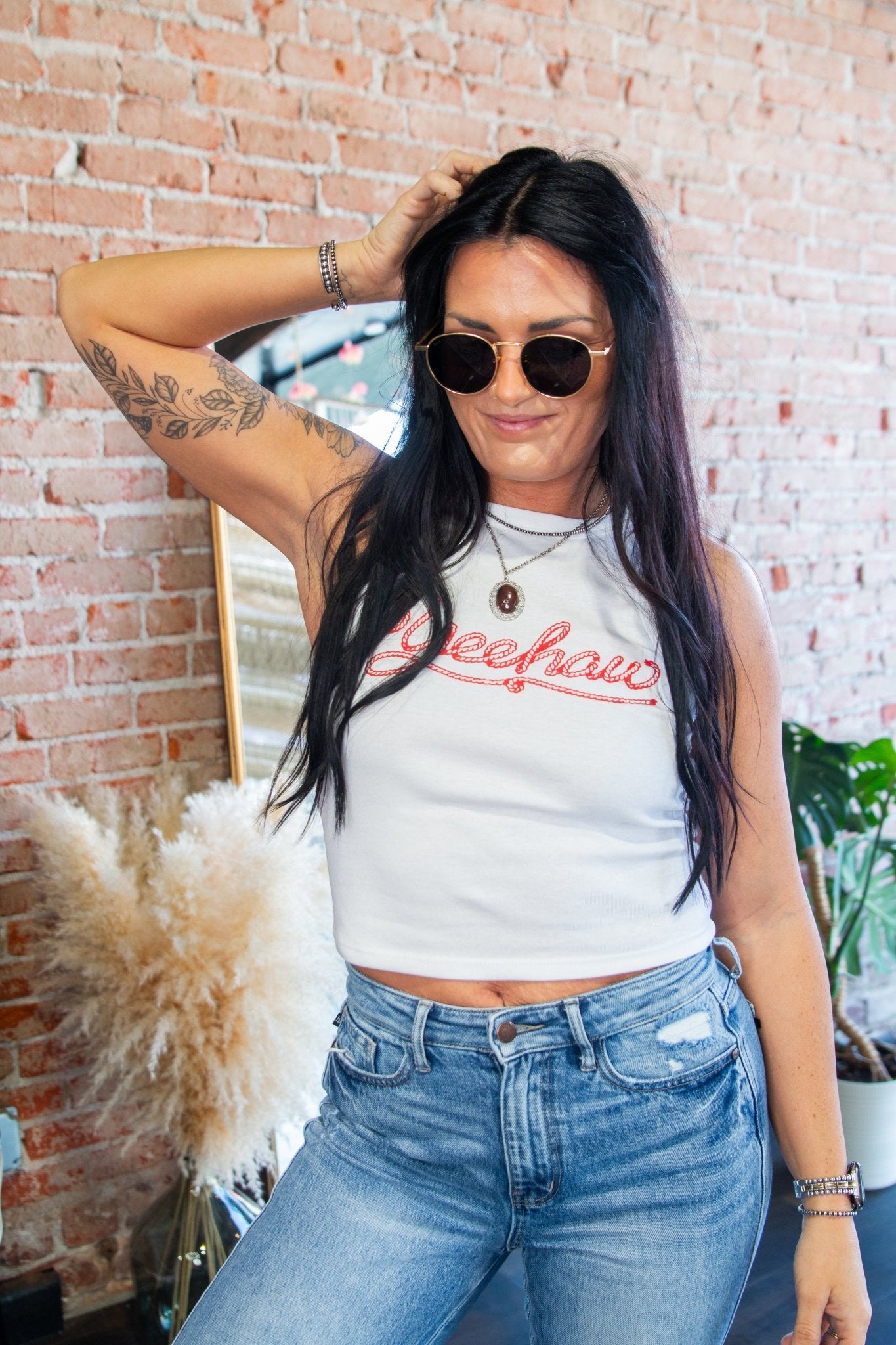 Yeehaw Rope Script Cropped Ribbed Racerback Tank - Southern Chic Tees & Boutique