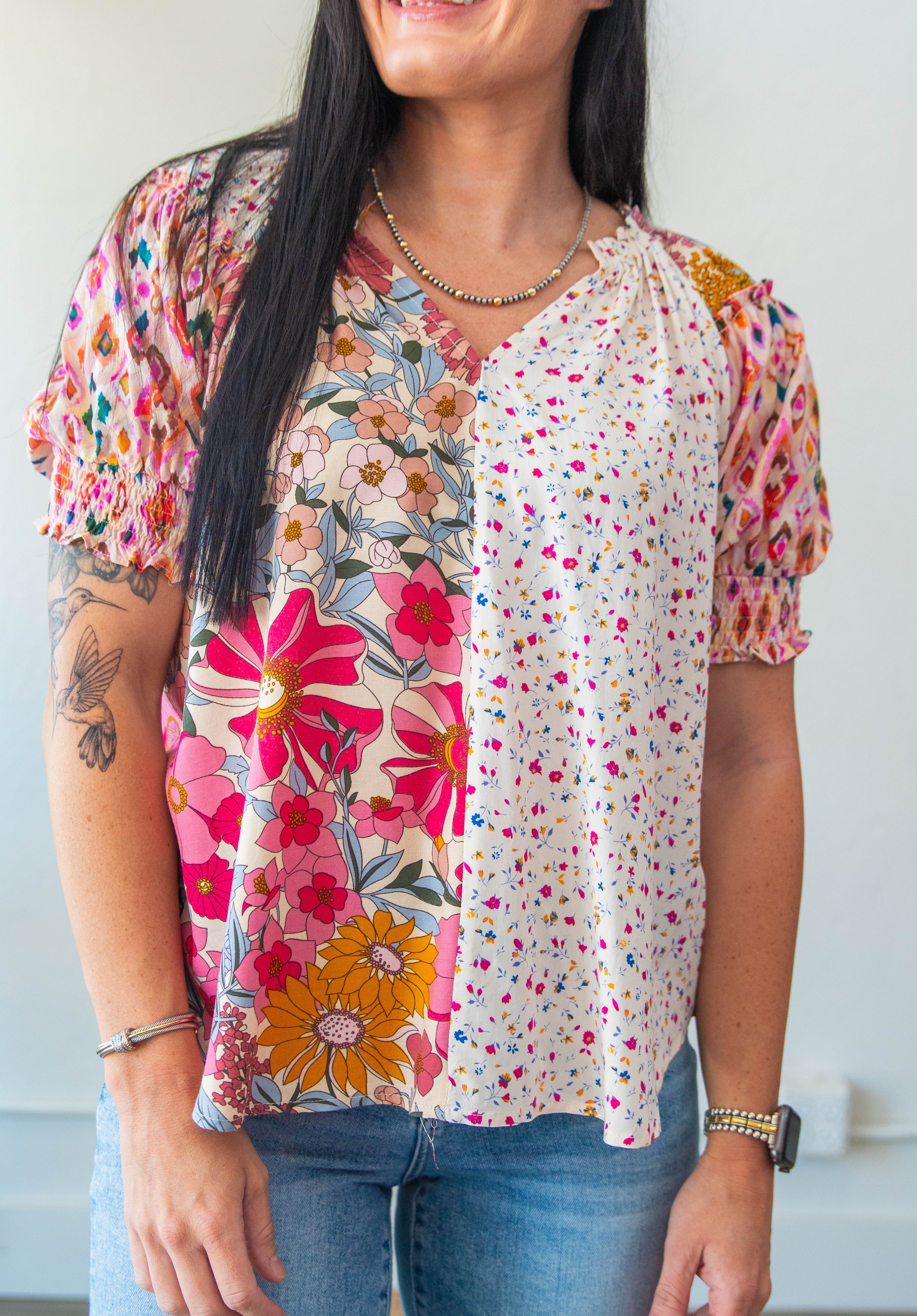 Mixed Prints Peasant Blouse