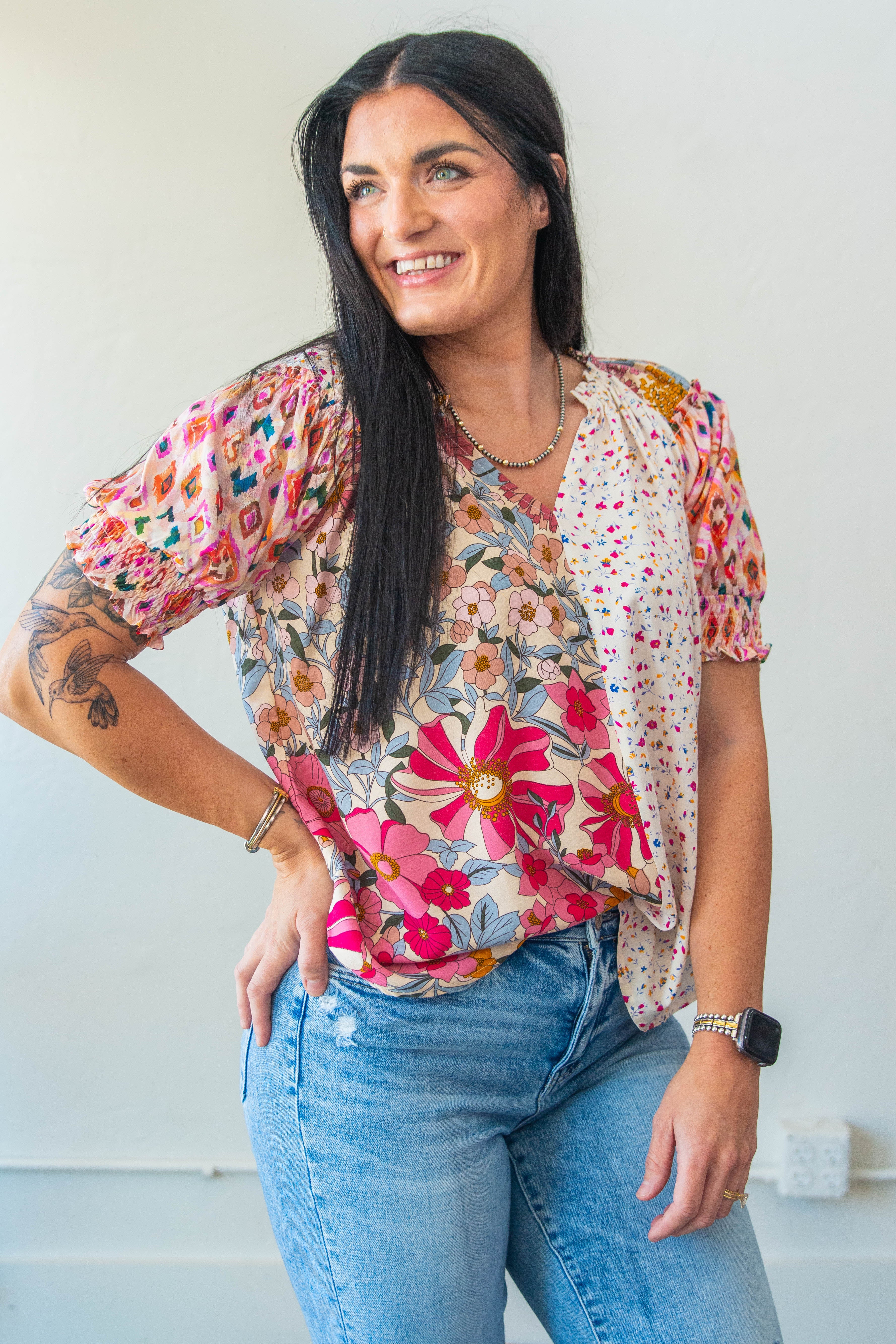Mixed Prints Peasant Blouse