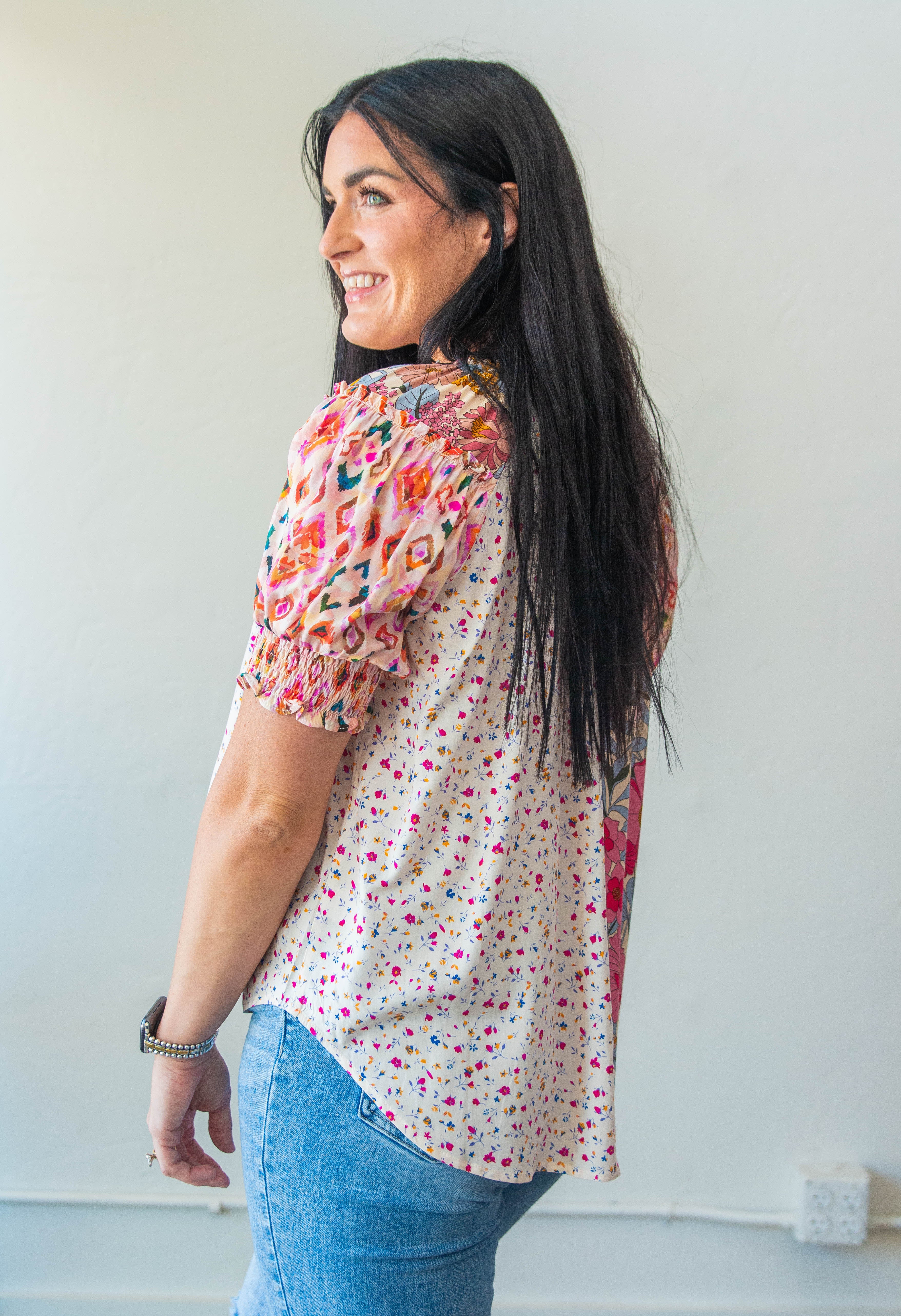Mixed Prints Peasant Blouse