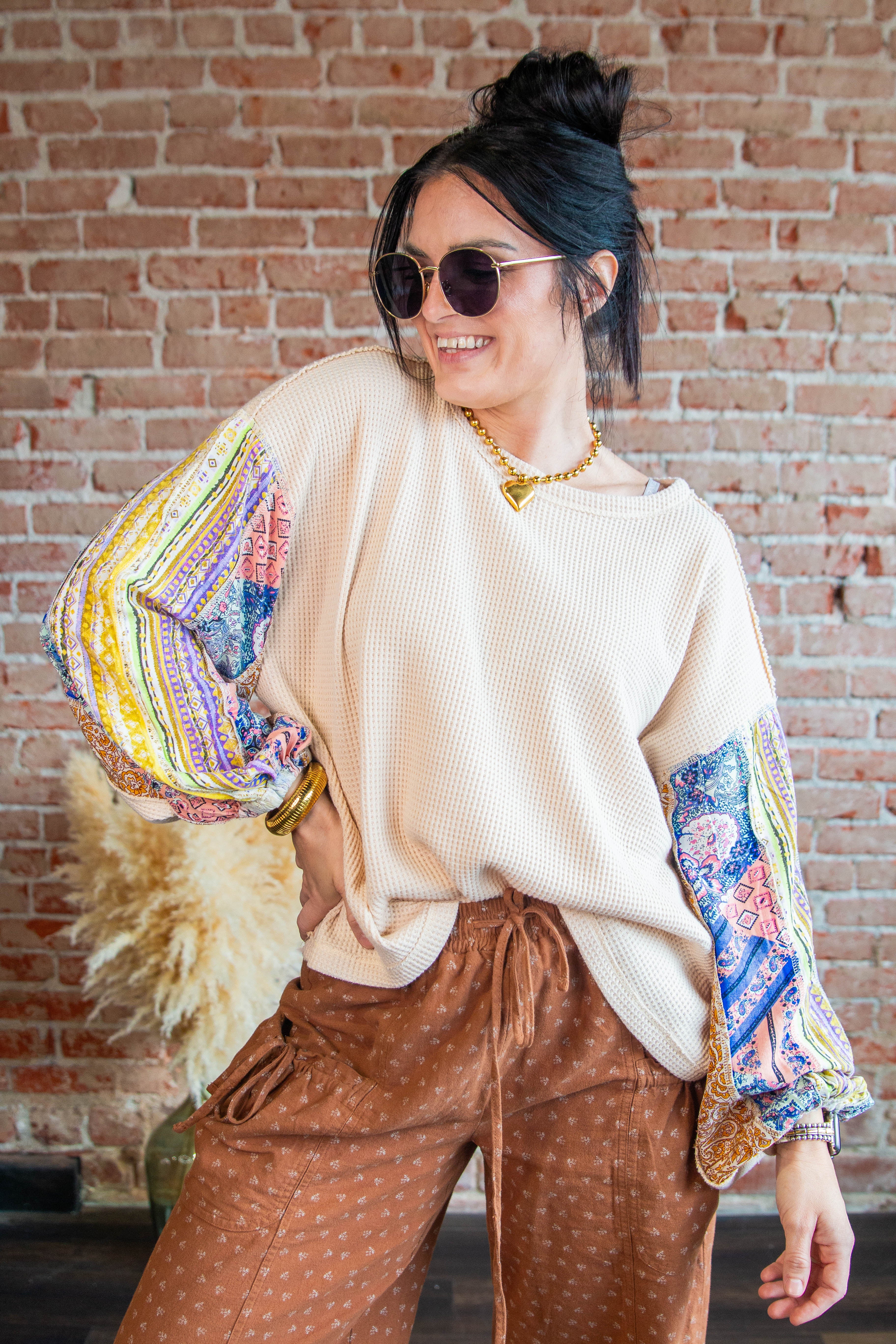Cream top with colorful sleeves