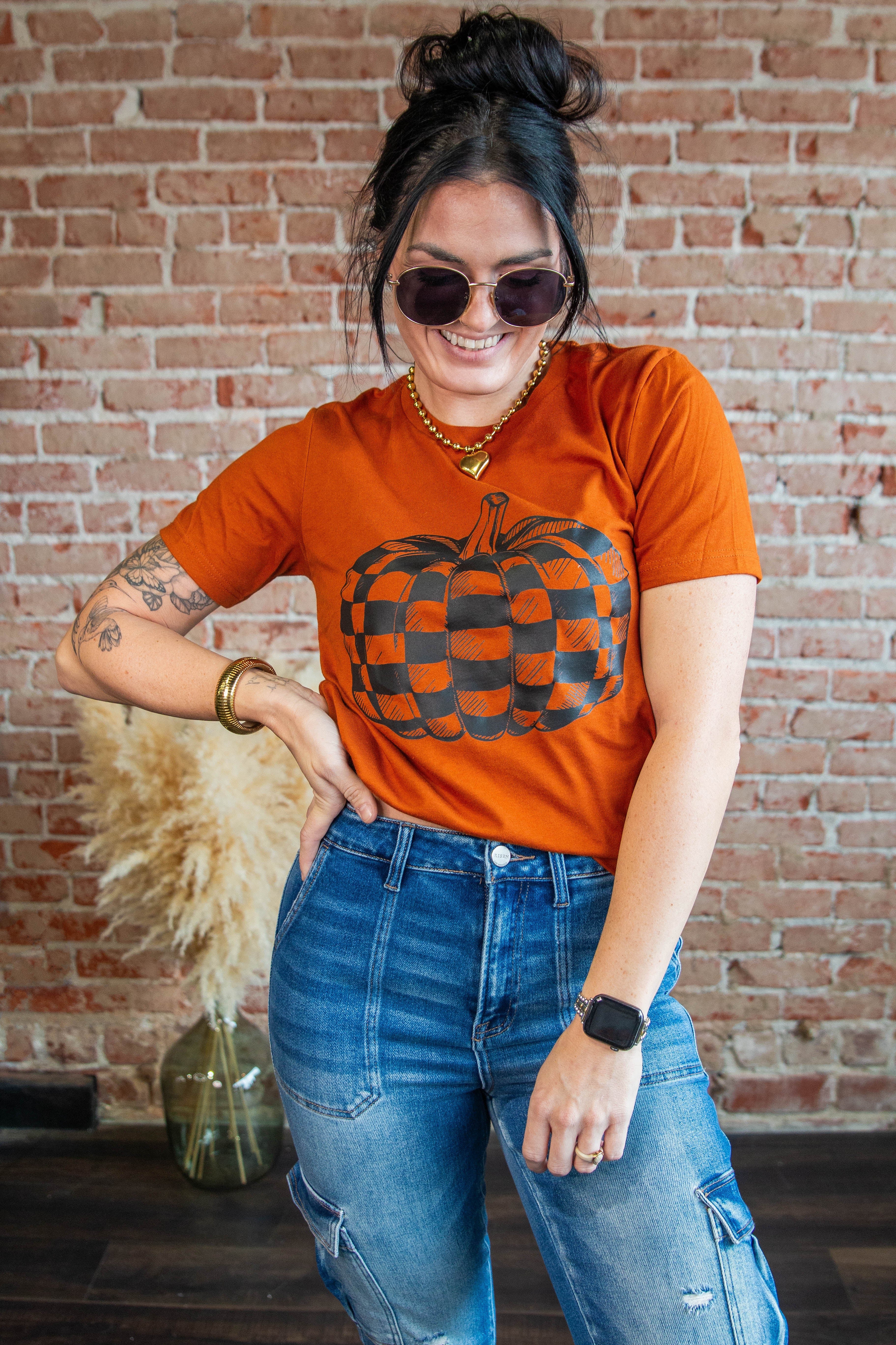 Orange Checker pumpkin graphic tee
