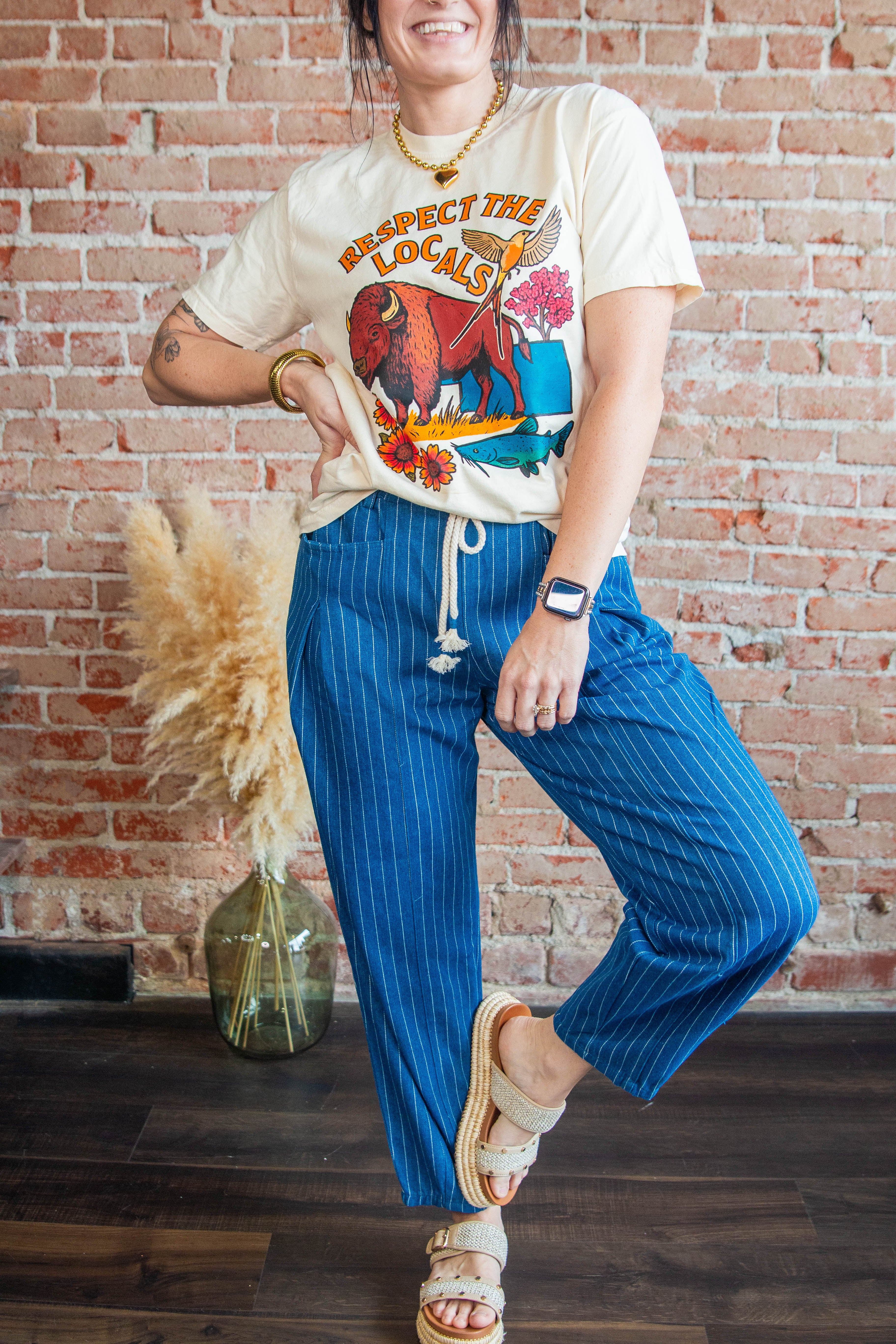 Blue stripe barrel pants